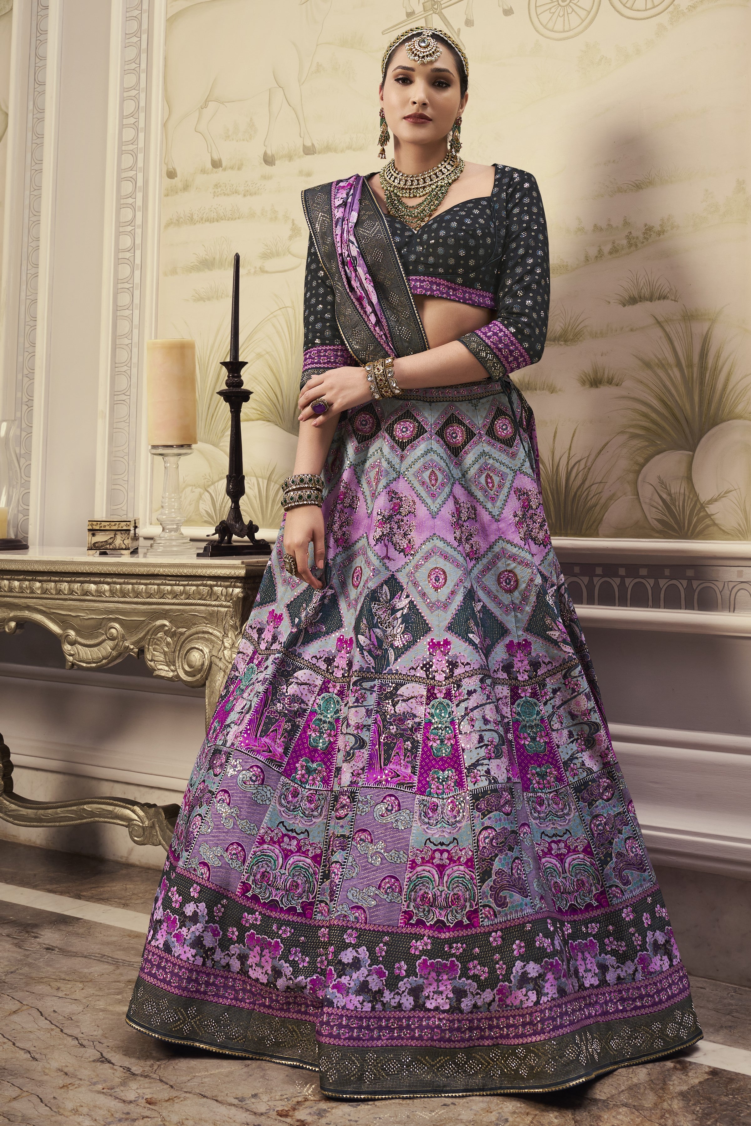 Mauve Traditional Handwork Brocade Silk Lehenga Set