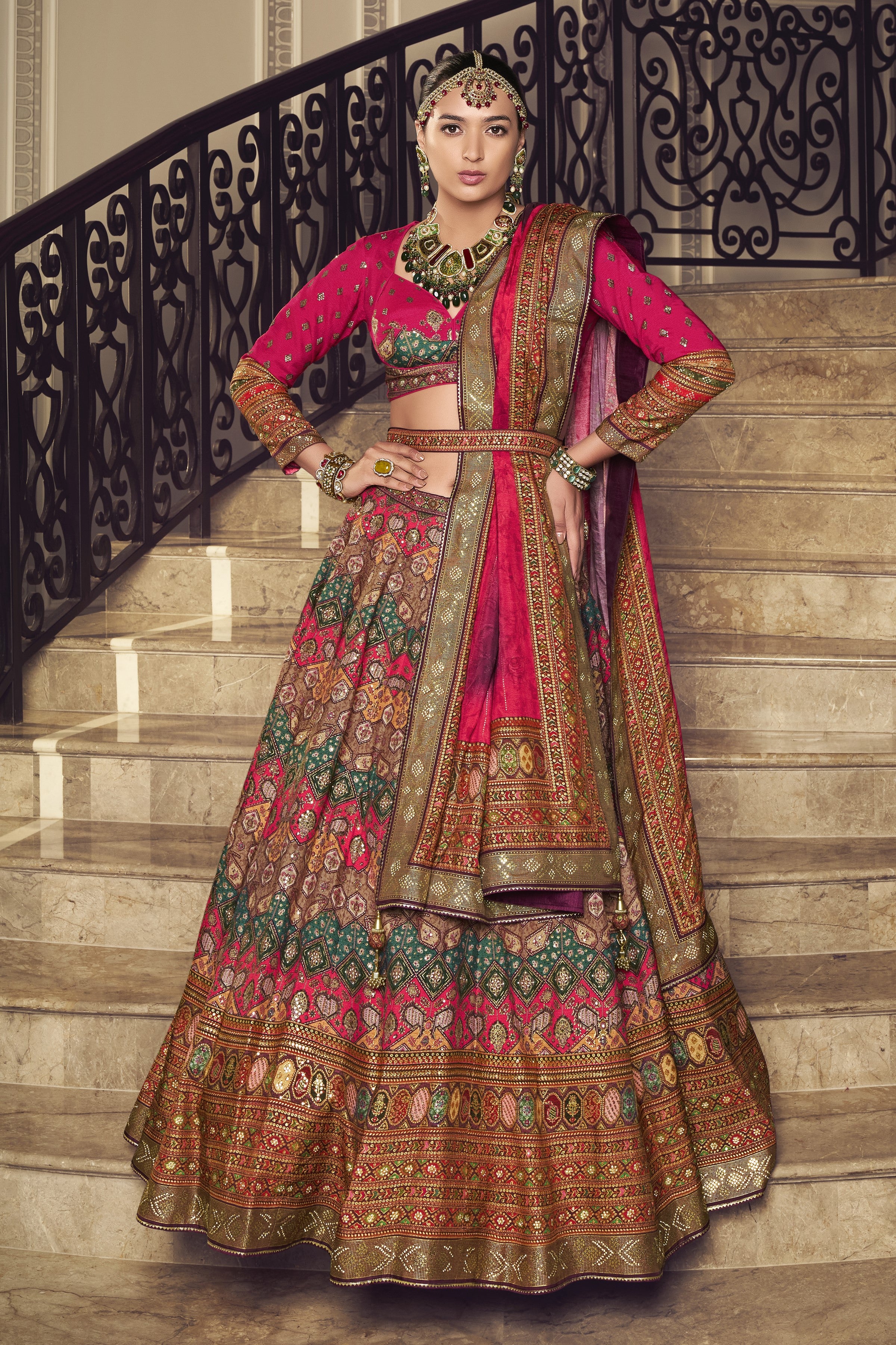 Cerise Pink Traditional Handwork Brocade Silk Lehenga Set