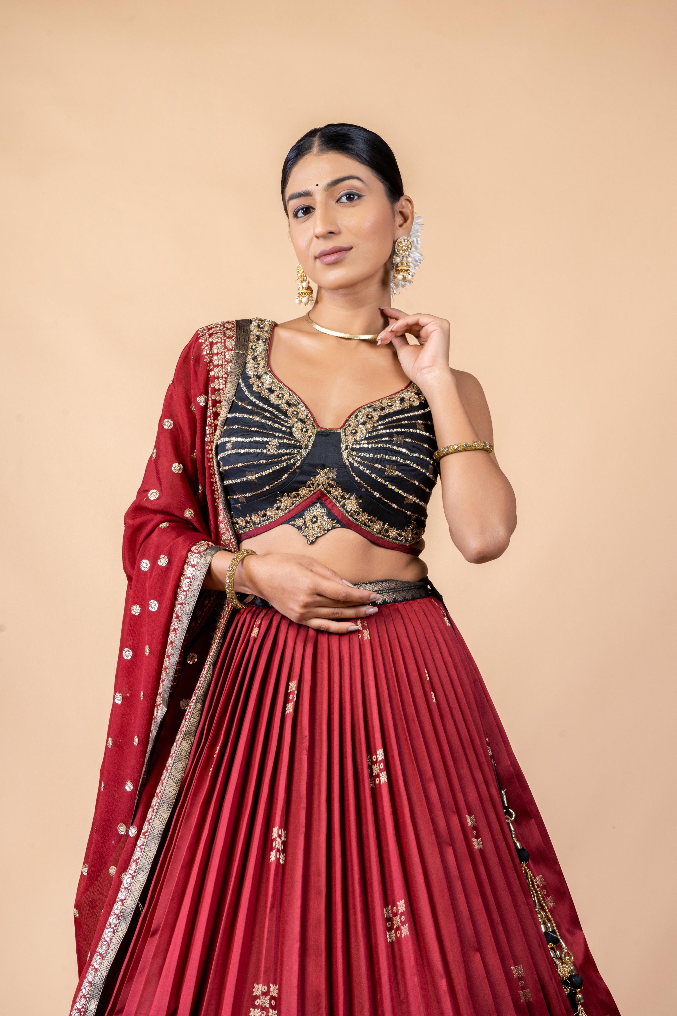 Wine-Red Embellished Premium Silk Lehanga Set