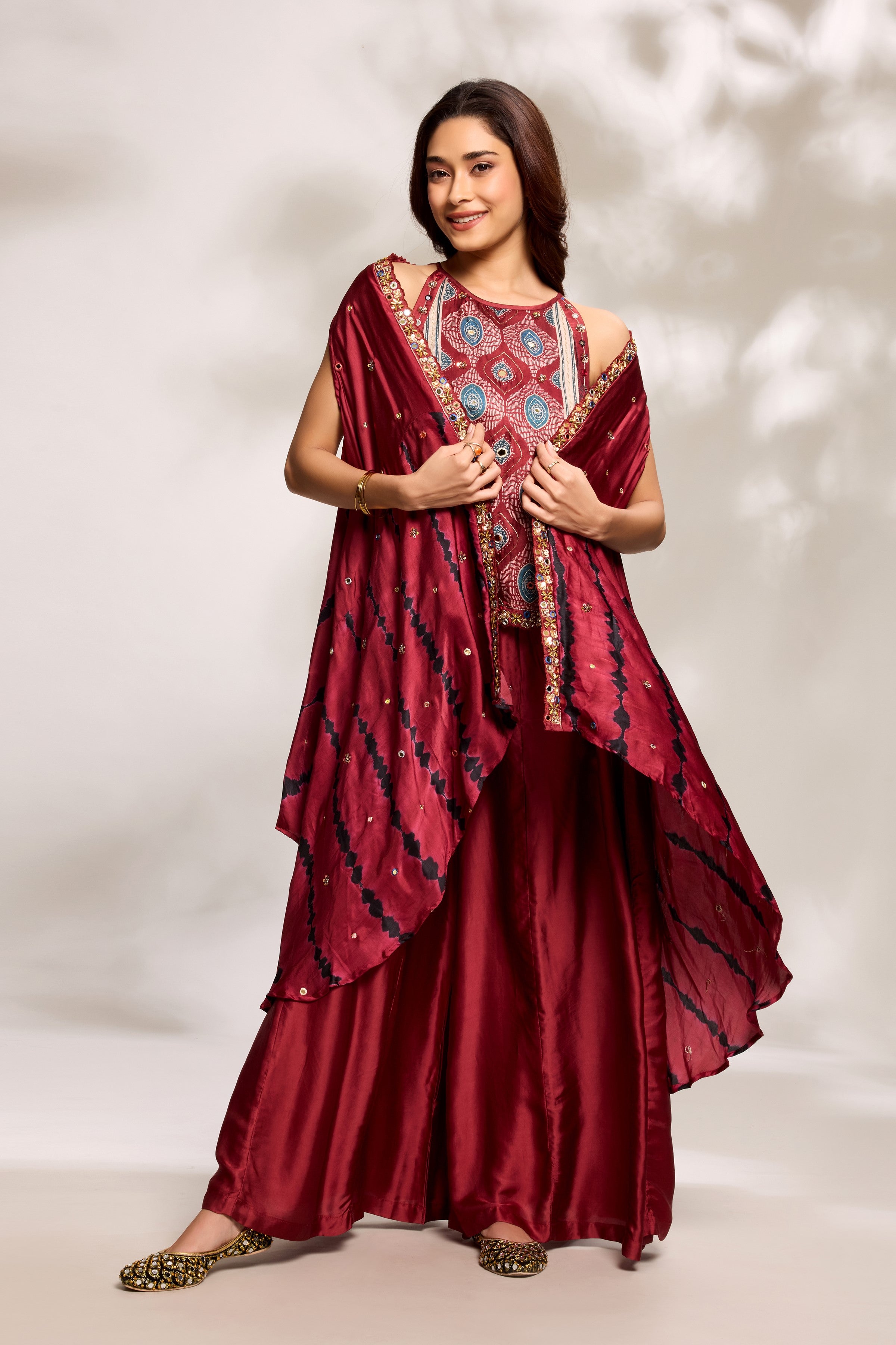Deep Red Printed Cape Set