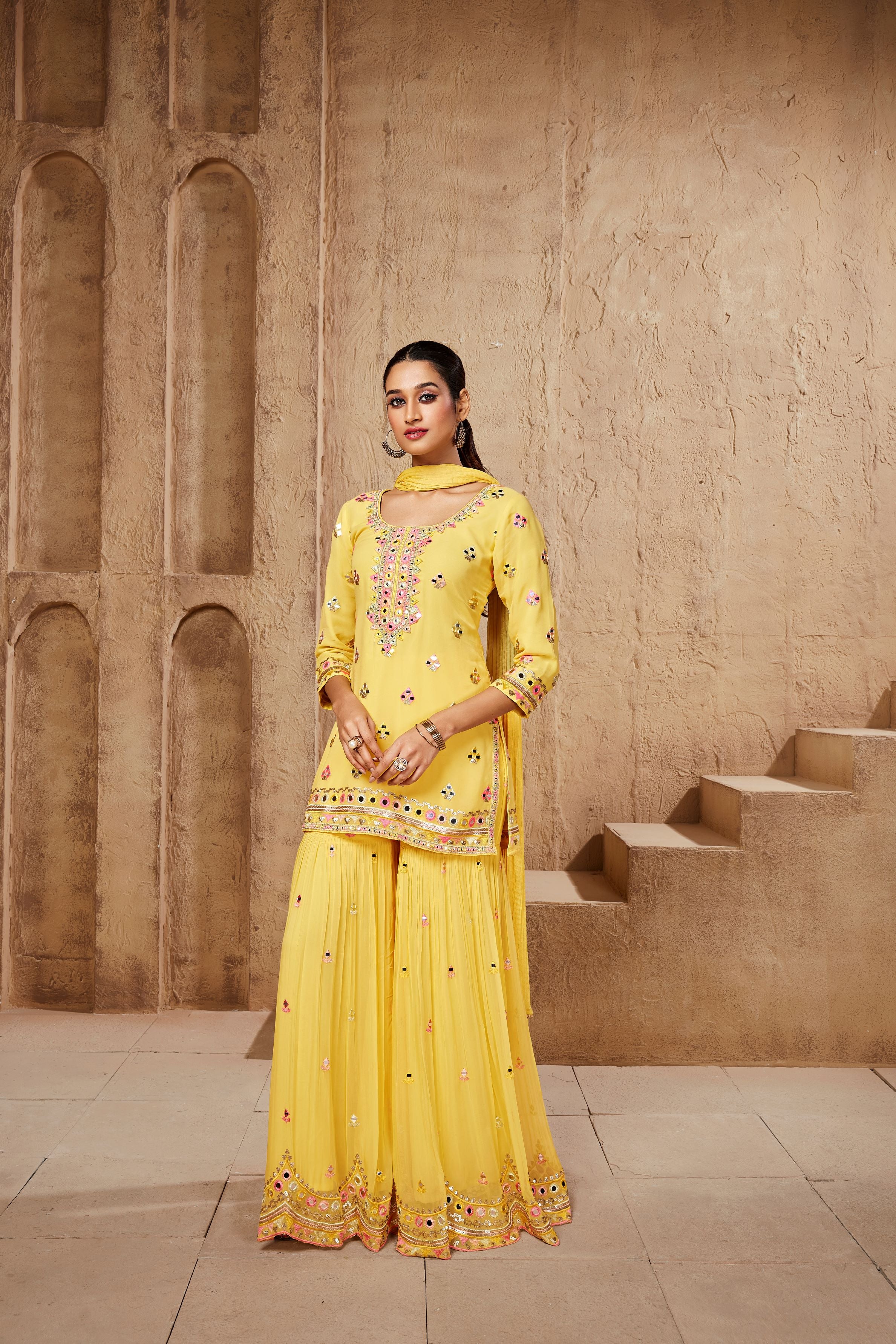 Pastel Yellow Embellished Swiss Georgette Silk Sharara Set