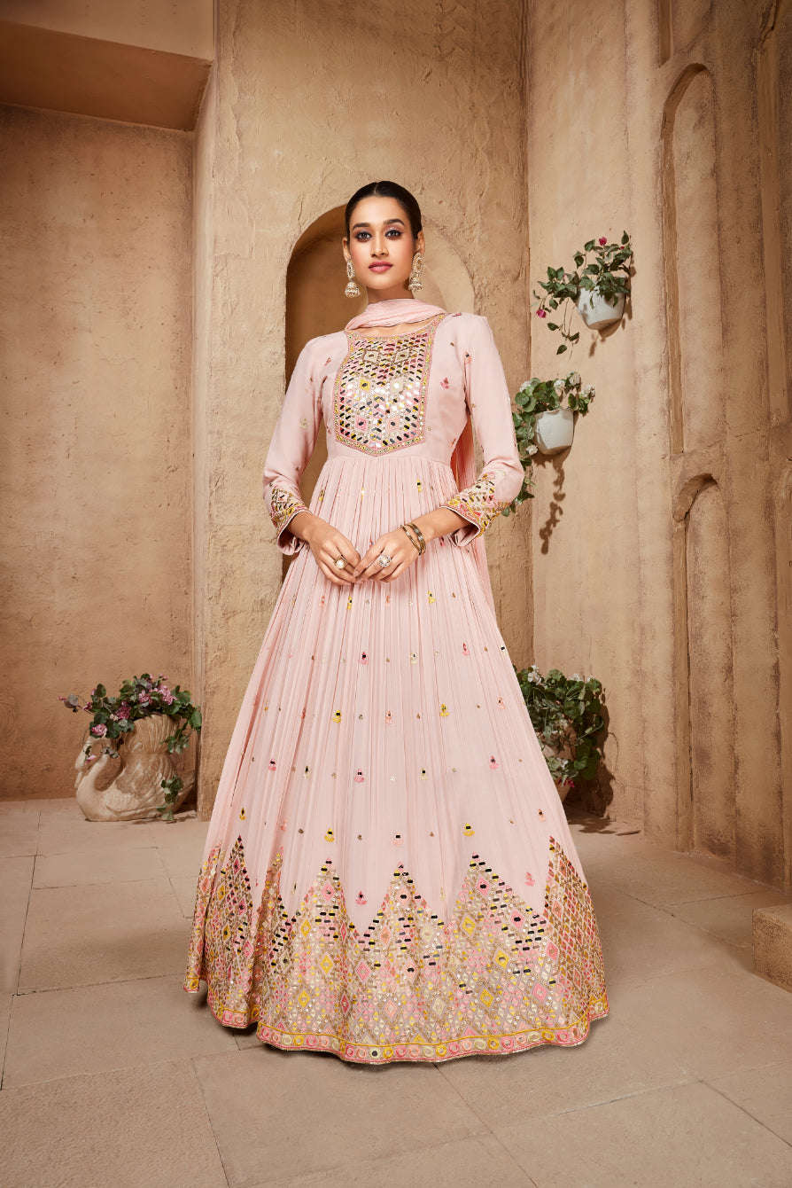 Light Pink Mirror Embellished Anarkali Suit