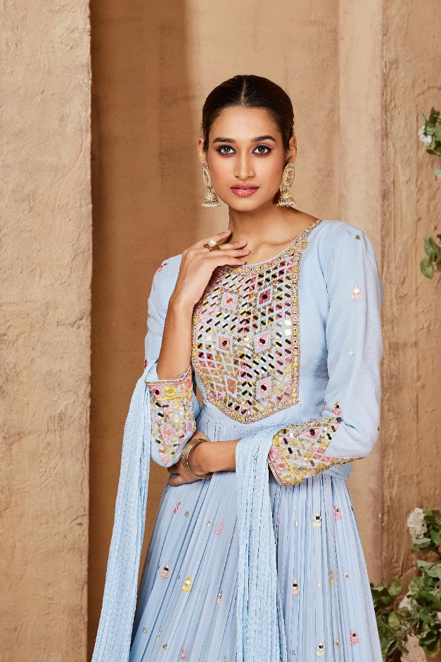 Blue Vasansi Silk Printed Anarkali Gown | Vasansi Jaipur