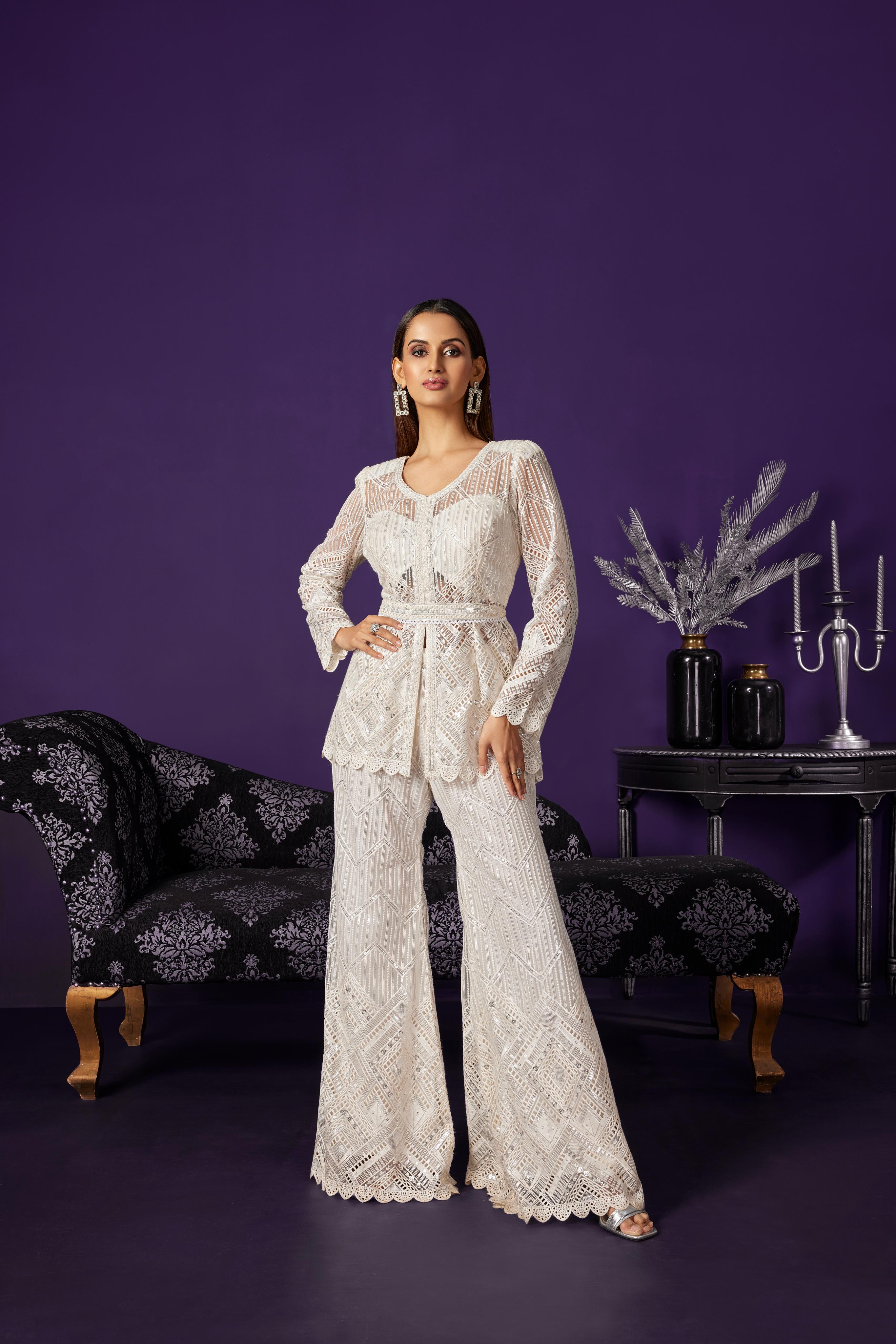 Pearl White Embroidered Premium Net Co-Ord Set