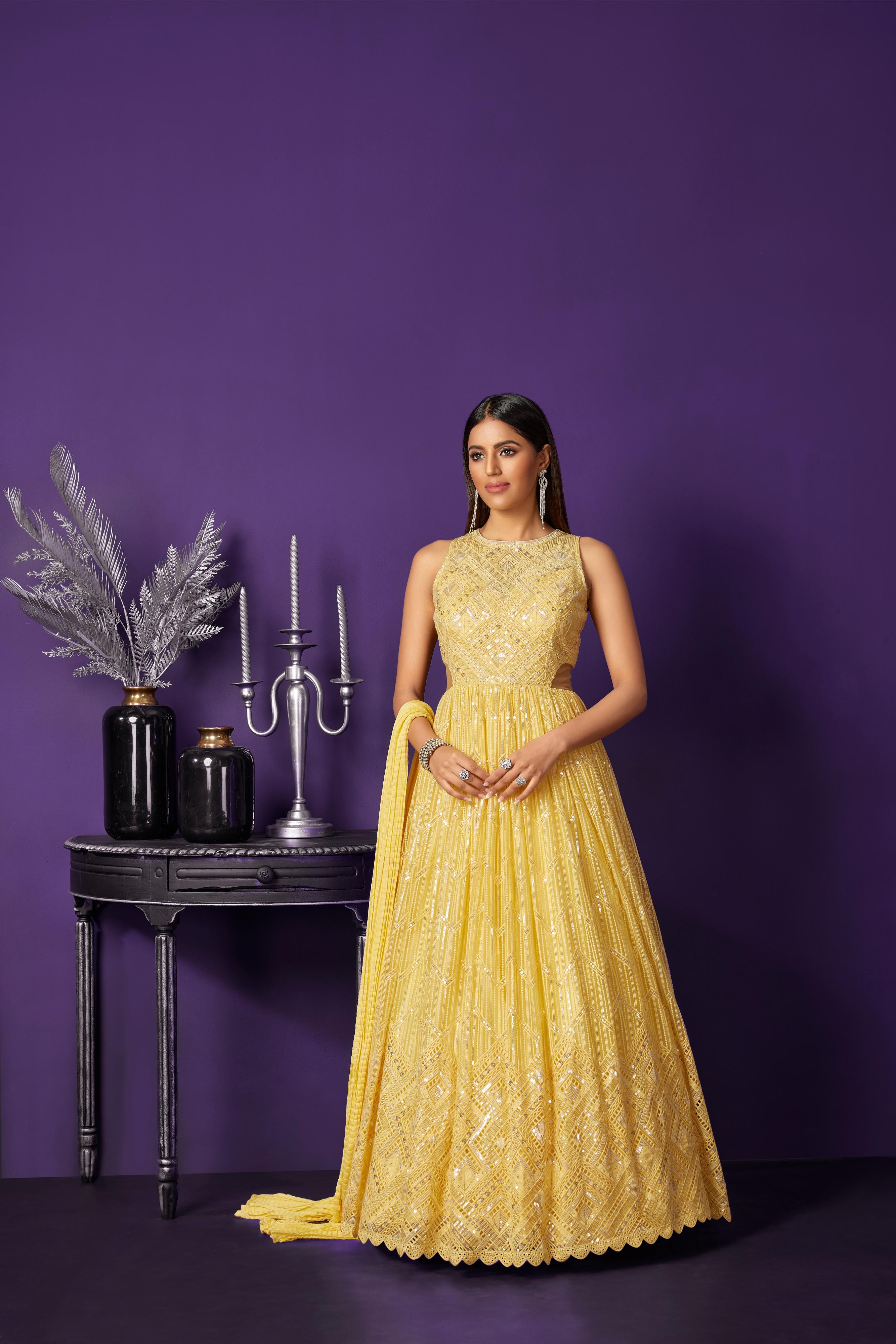 Bright Yellow Embellished Premium Net Gown