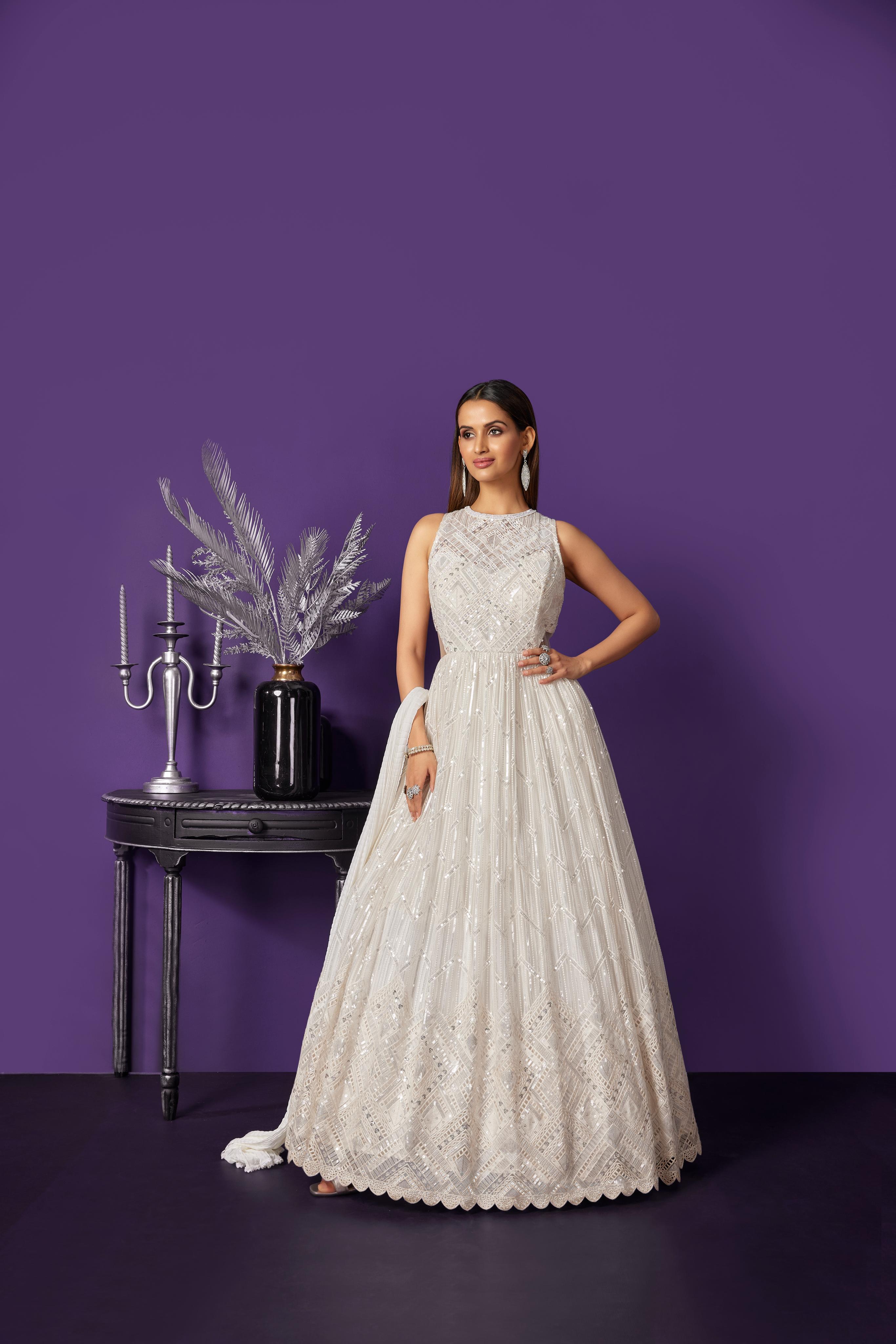 Pearl White Embellished Premium Net Gown