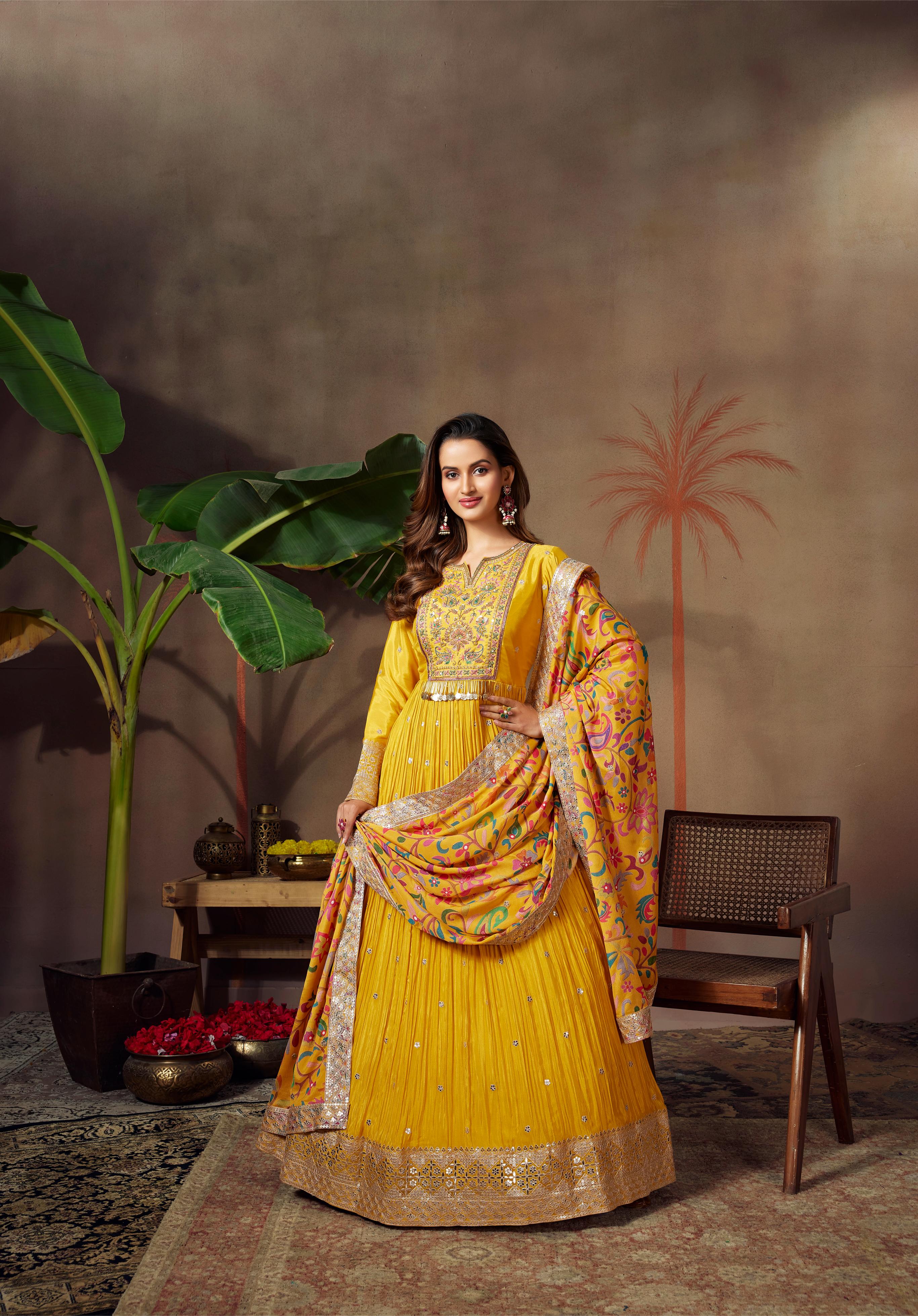 Classic Yellow Embellished Premium Chinon Silk Anarkali Set