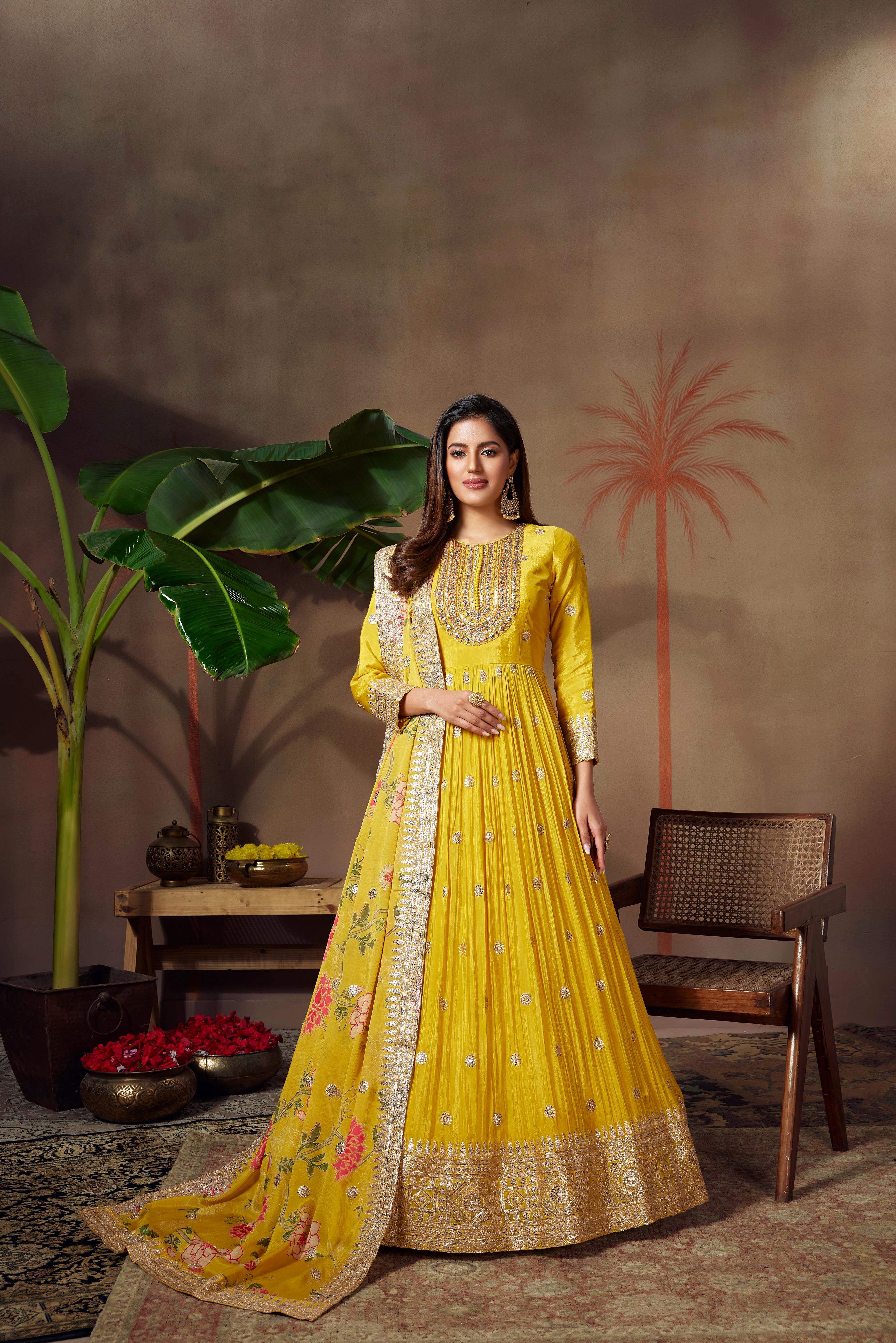 Classic Yellow Embellished Chinon Silk Anarkali Set