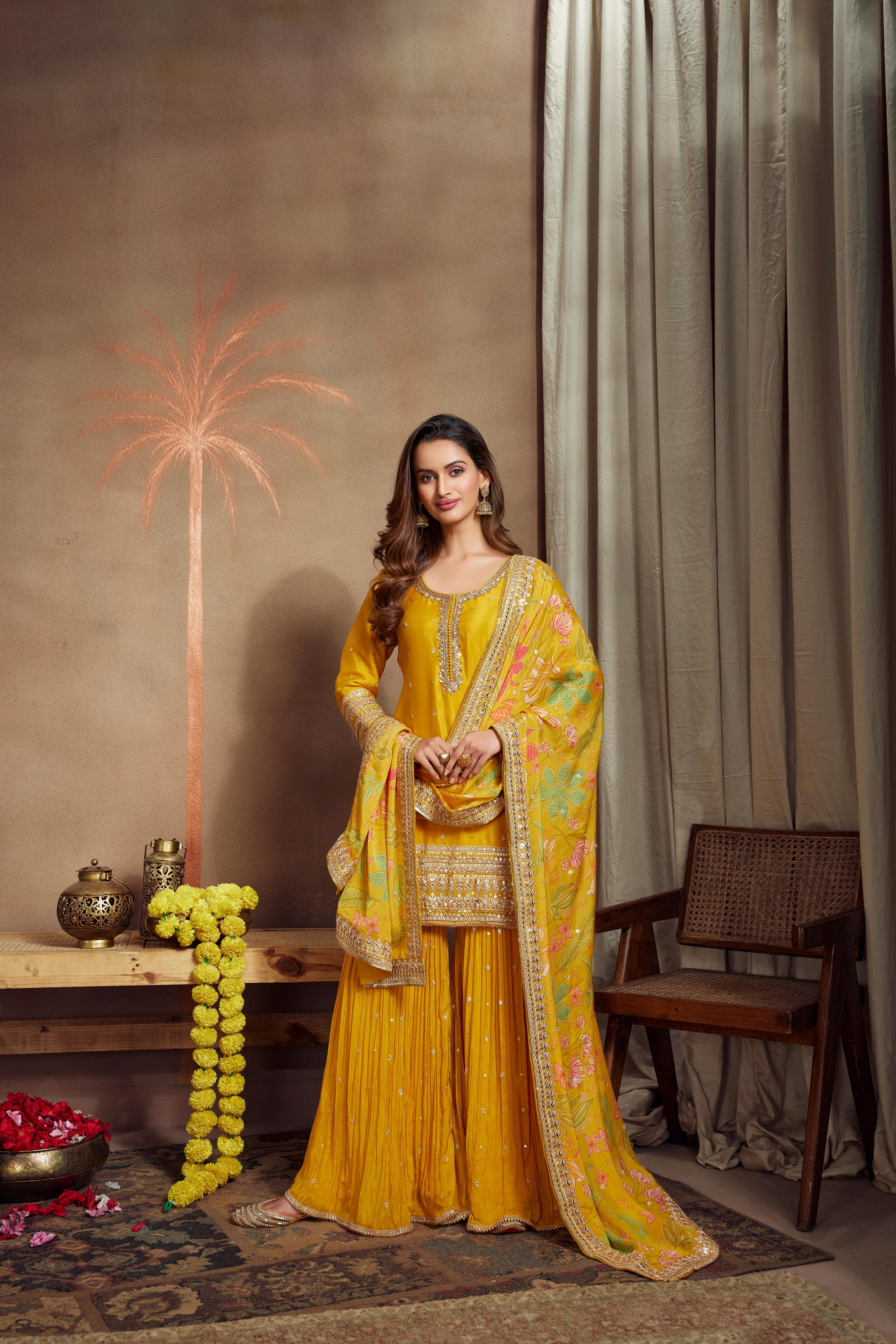 Golden Yellow Embellished Premium Chinon Silk Sharara Set