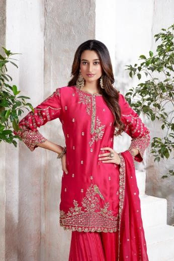 Glam Pink Embellished Satin Silk Sharara Set