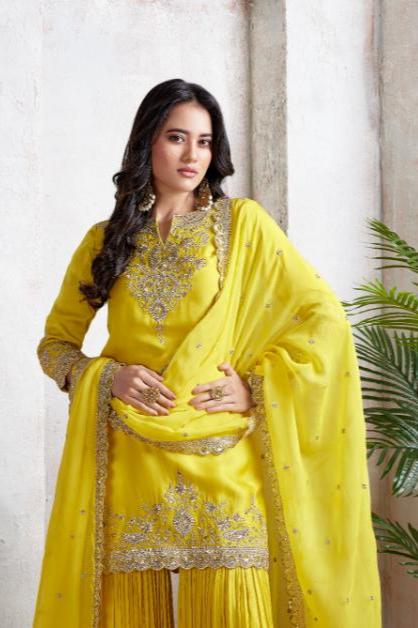 Radiant Yellow Embellished Satin Silk Sharara Set