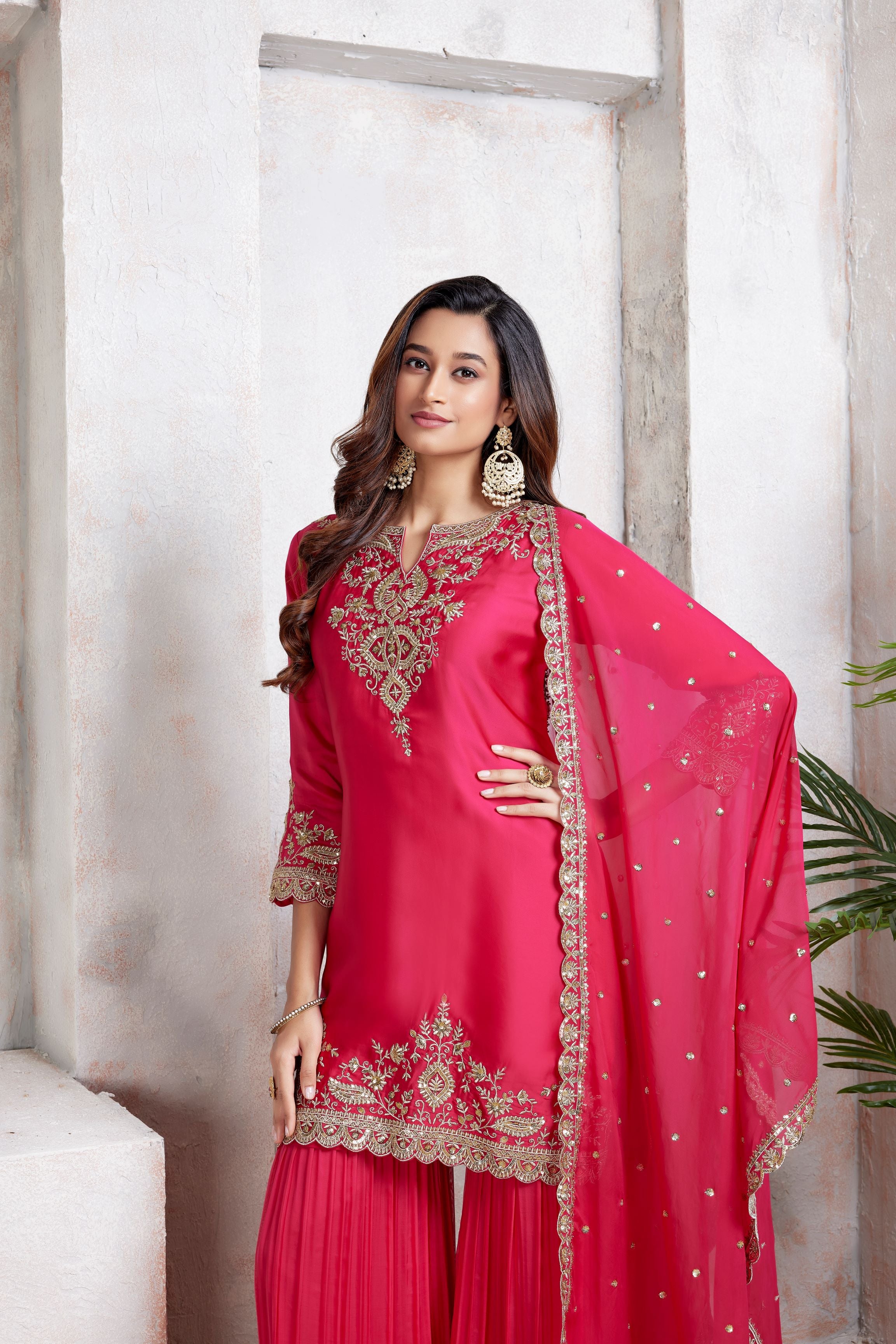 Rose Pink Embellished Satin Silk Sharara Set