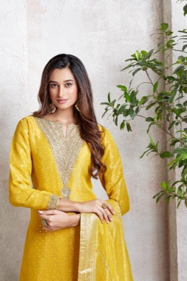 Bright Yellow Embellished Pure Silk Kurta Pant Set