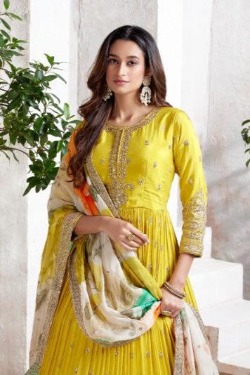 Divine Yellow Embellished Premium Silk Anarkali Set