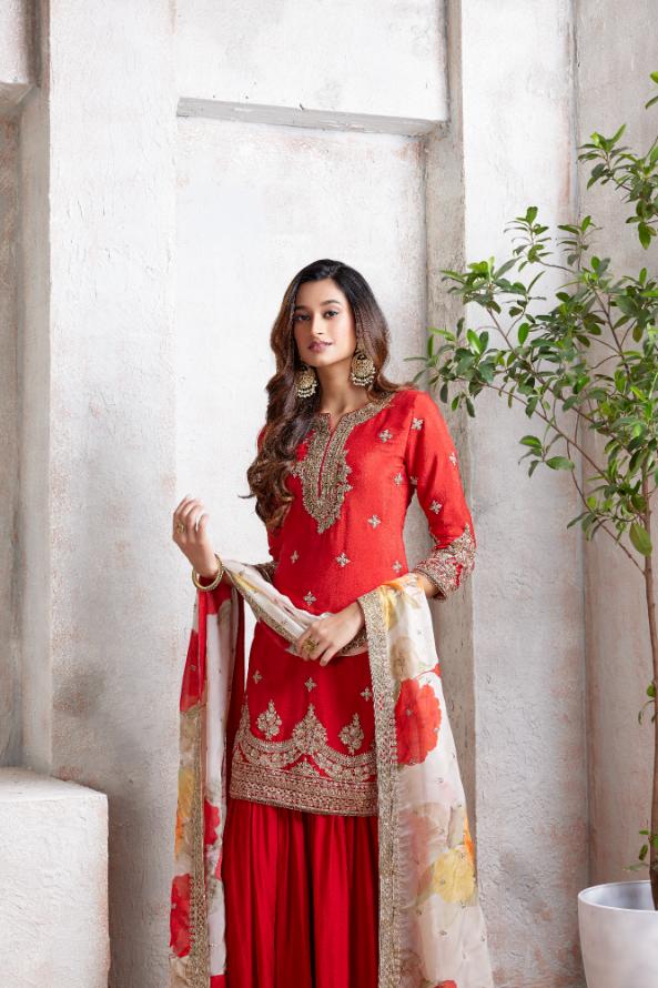 Royal Red Embellished Premium Silk Sharara Set