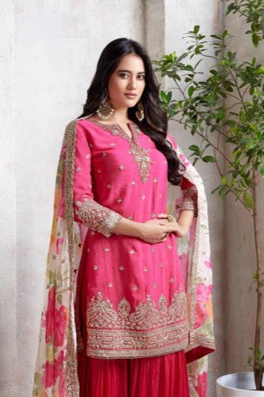 Pink Embellished Premium Silk Sharara Set