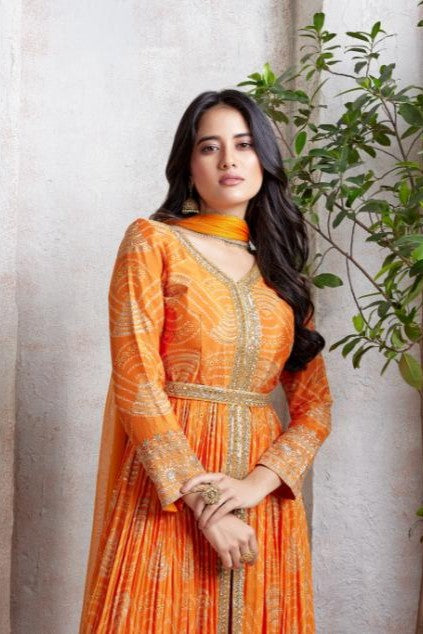 Vibrant Orange Bhandhej Printed Italian Silk Anarkali Set