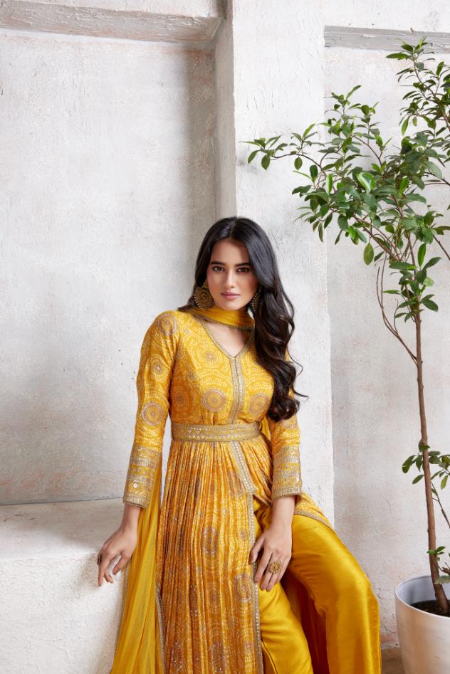 Holy Yellow Bhandhej Printed Premium Silk Anarkali Set