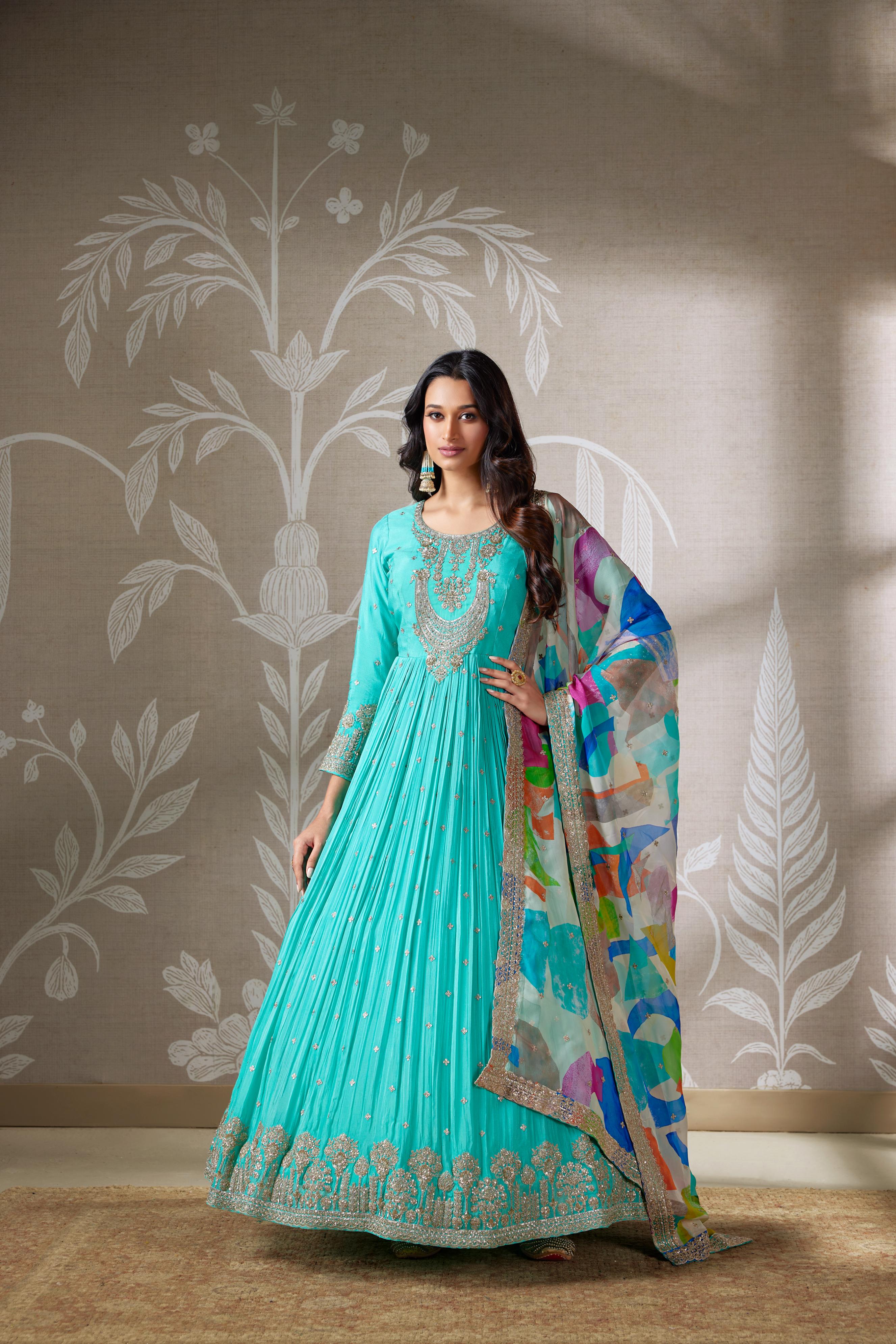 Turquoise Radiance Zari Embellished Anarkali Set
