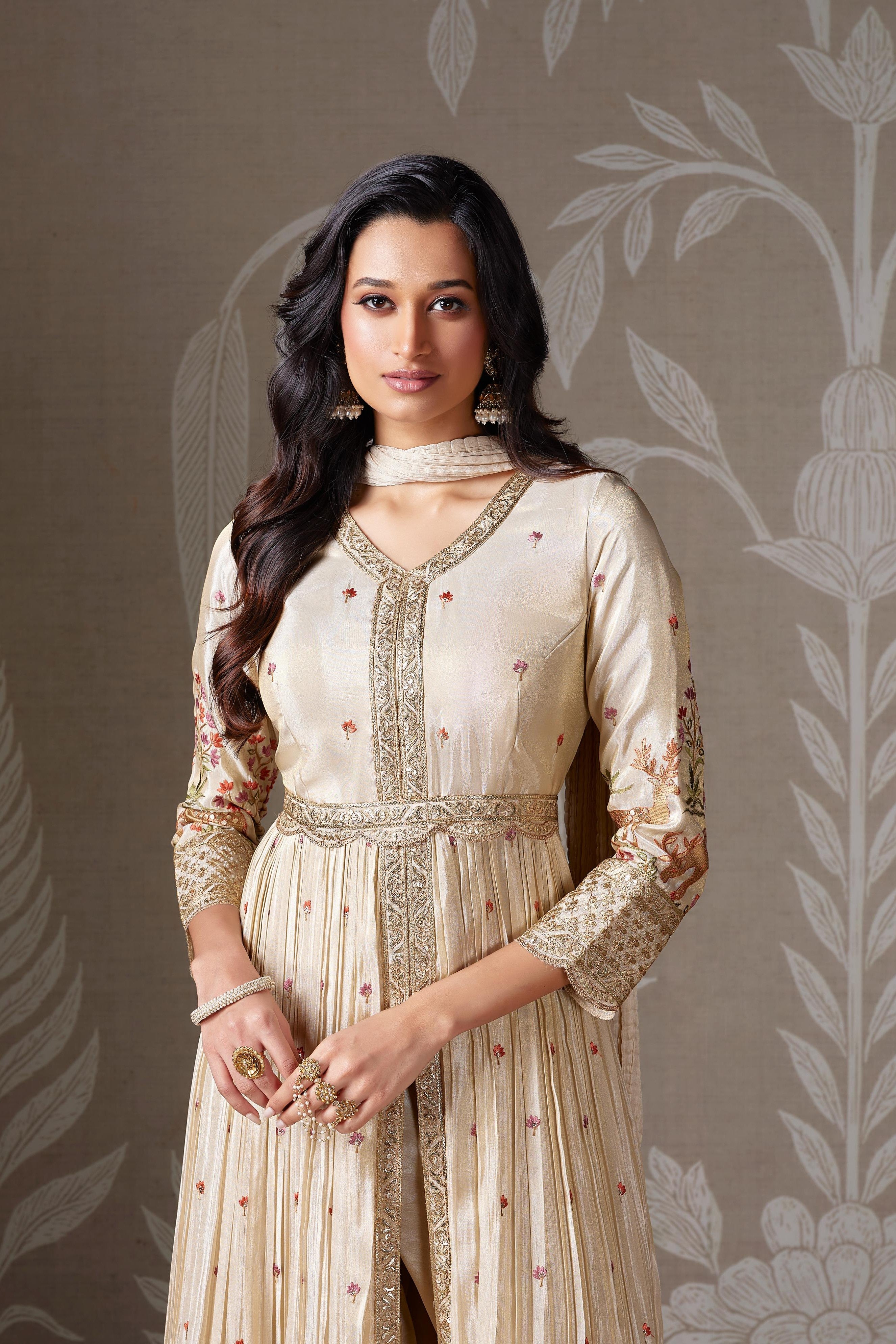 Beige Zardozi Embellished Anarkali Set