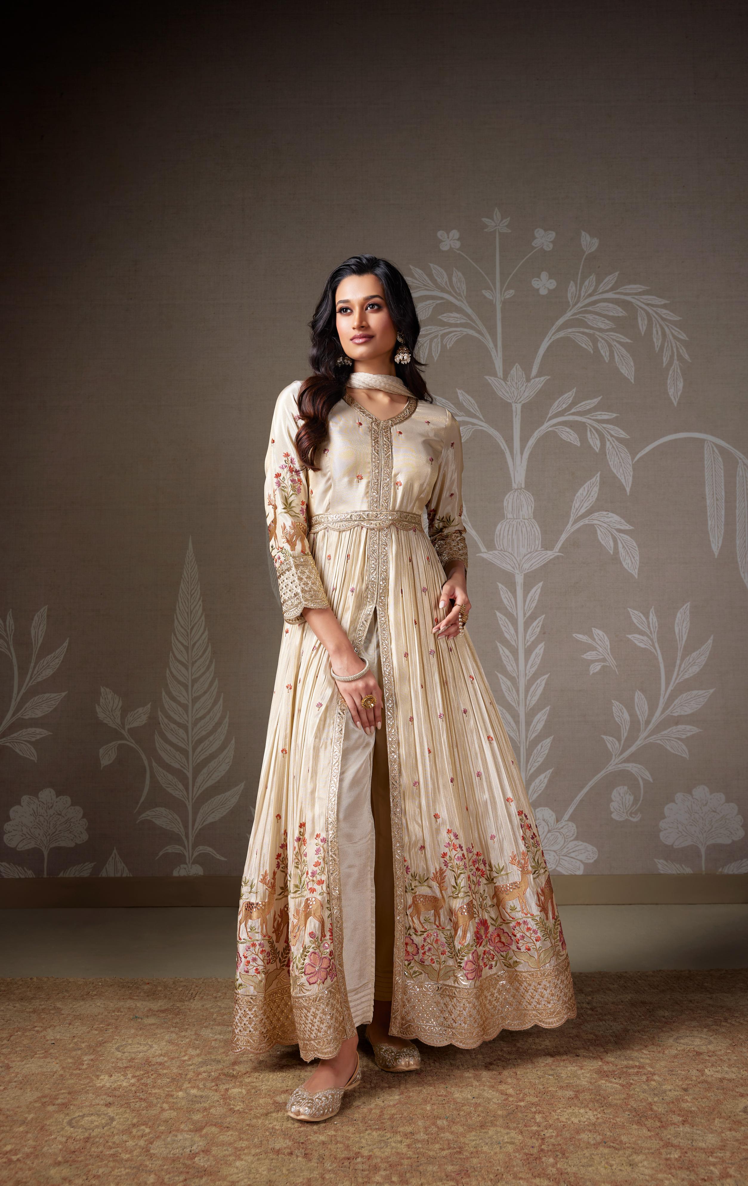 Beige Zardozi Embellished Anarkali Set
