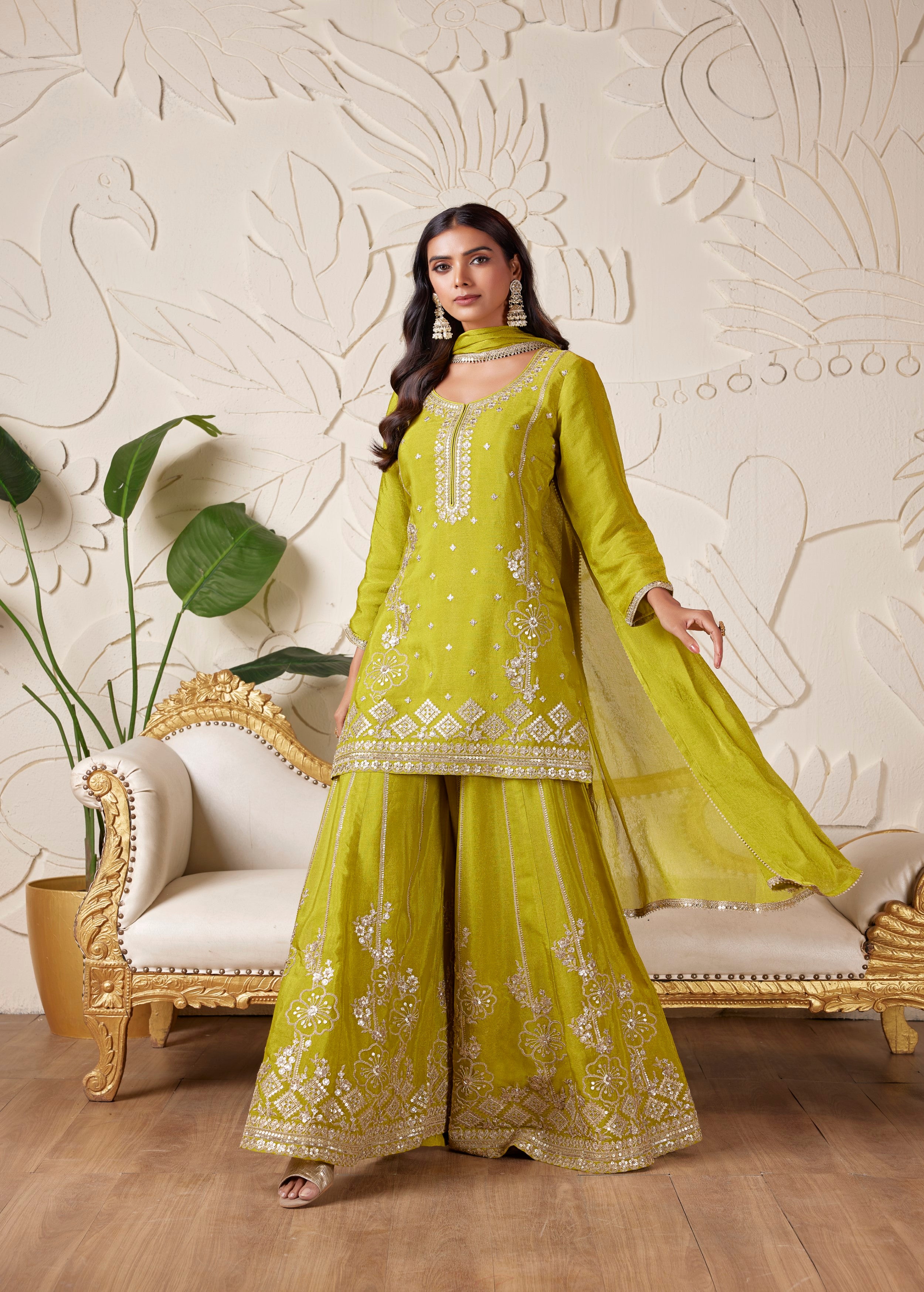 Lime Green Embellished Shimmer Tissue Silk Palazzo Set