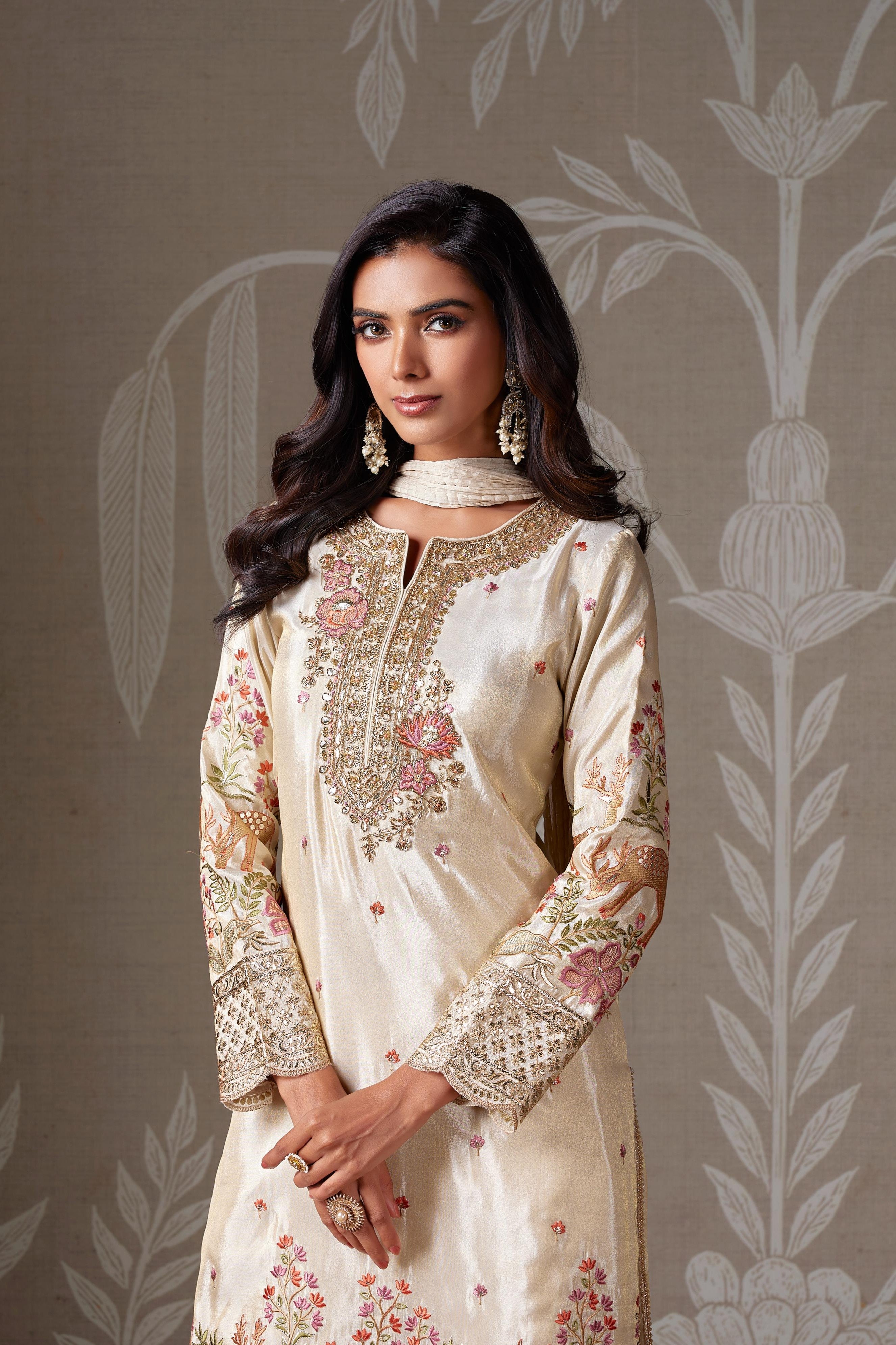 Cream Embellished Chinon Silk Pant Set