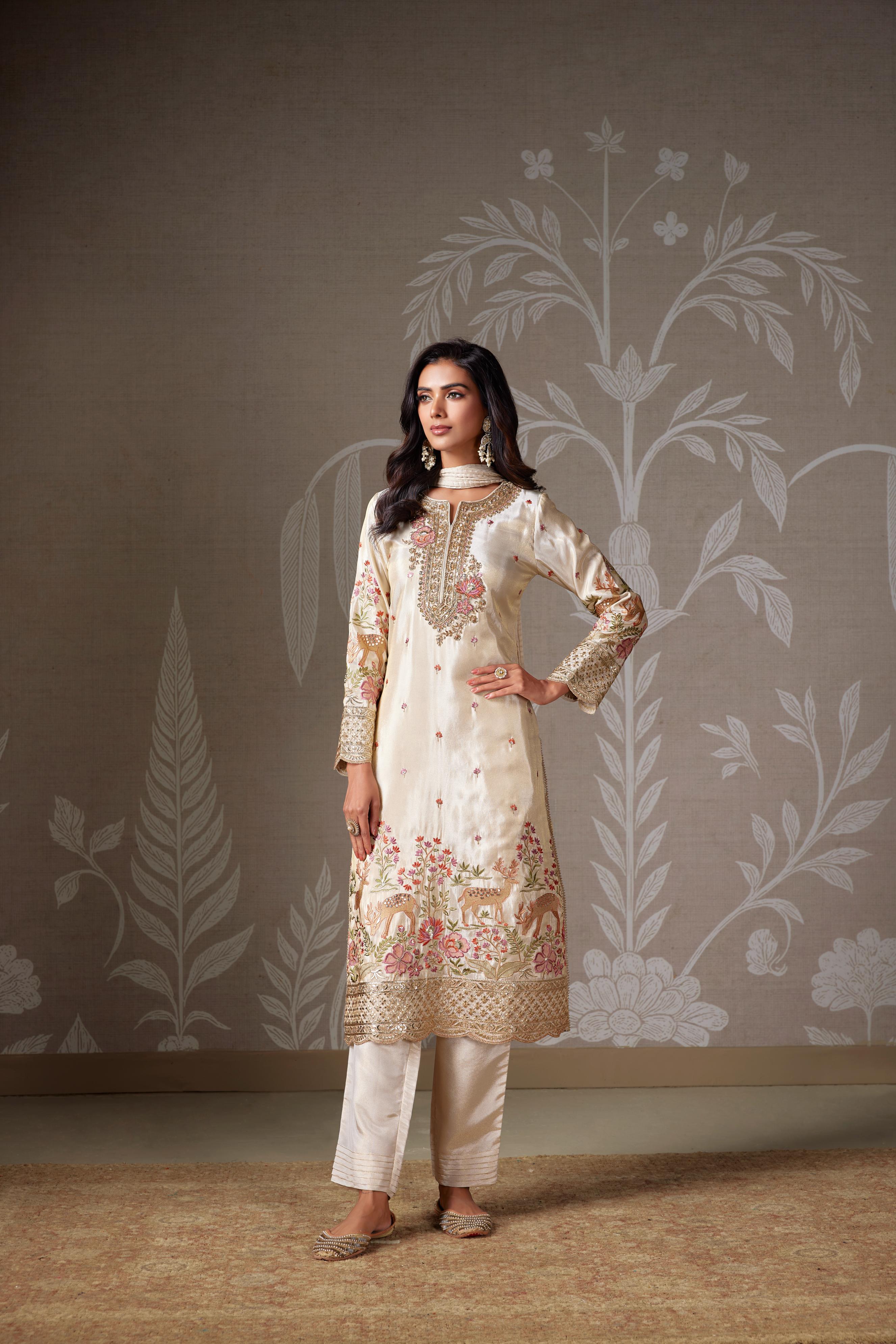 Cream Embellished Chinon Silk Pant Set