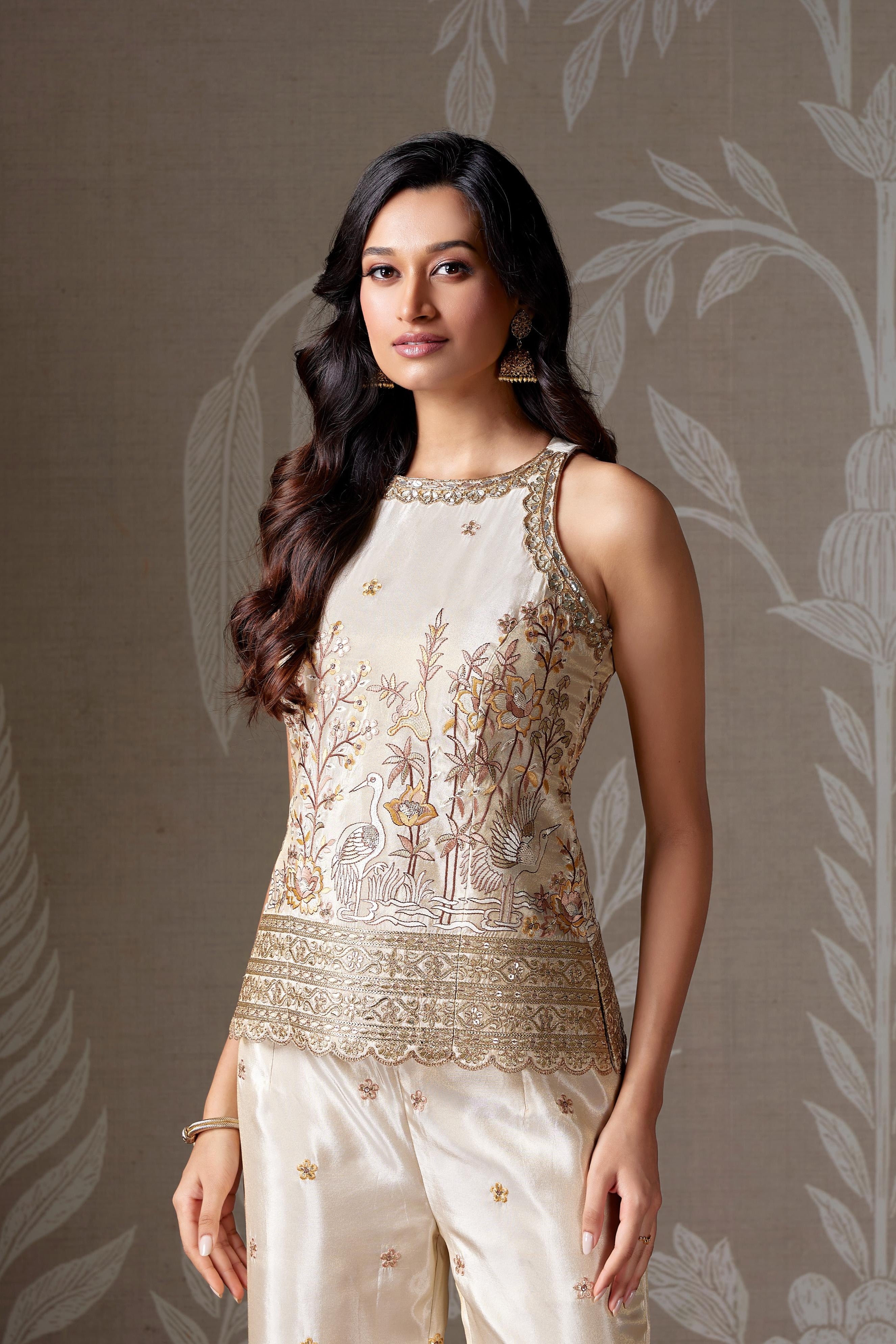 Ivory Chinon Silk Embroidered Co-Ord Set