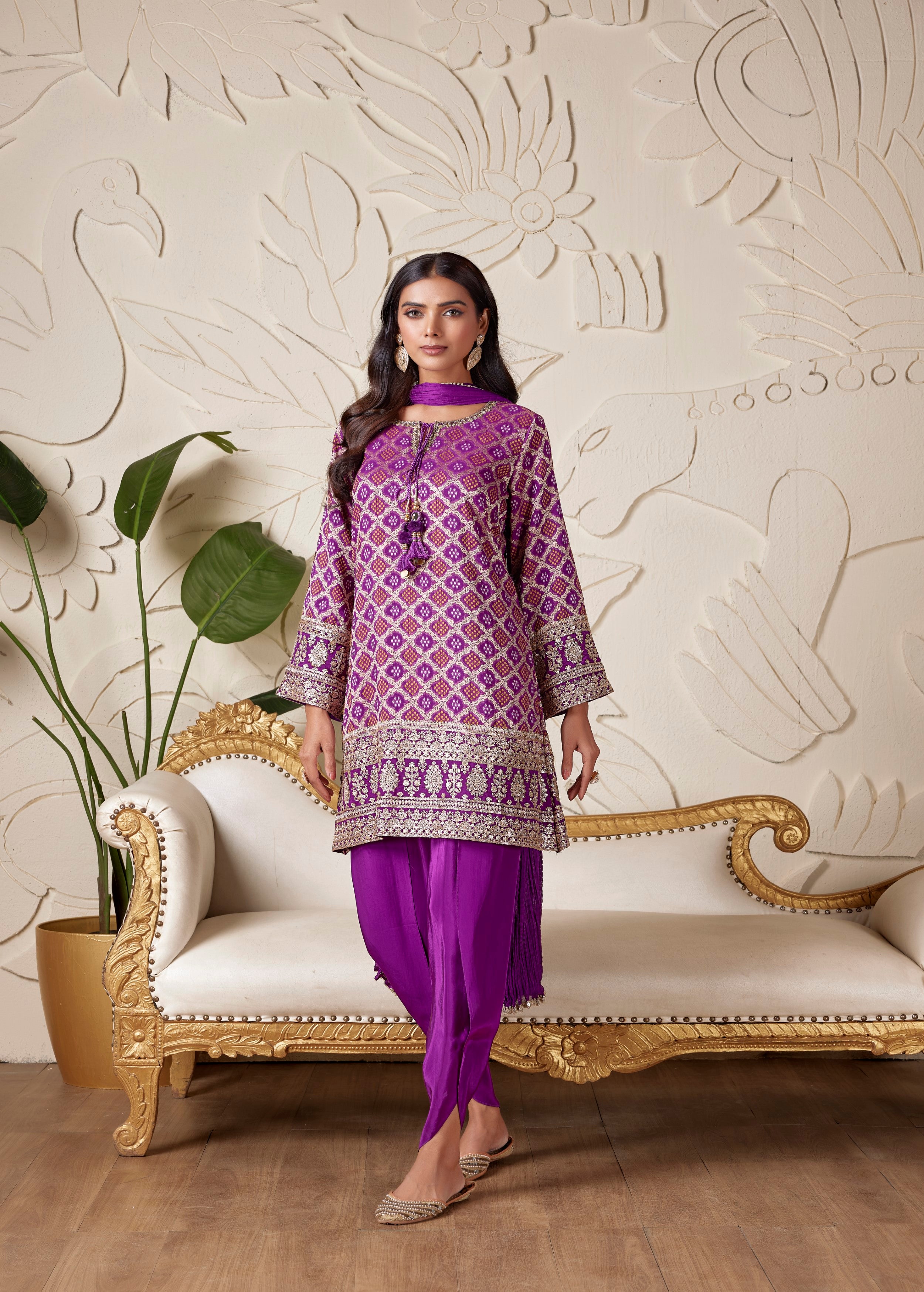 Royal Purple Embellished Brocade Banarasi Silk Dhoti Set