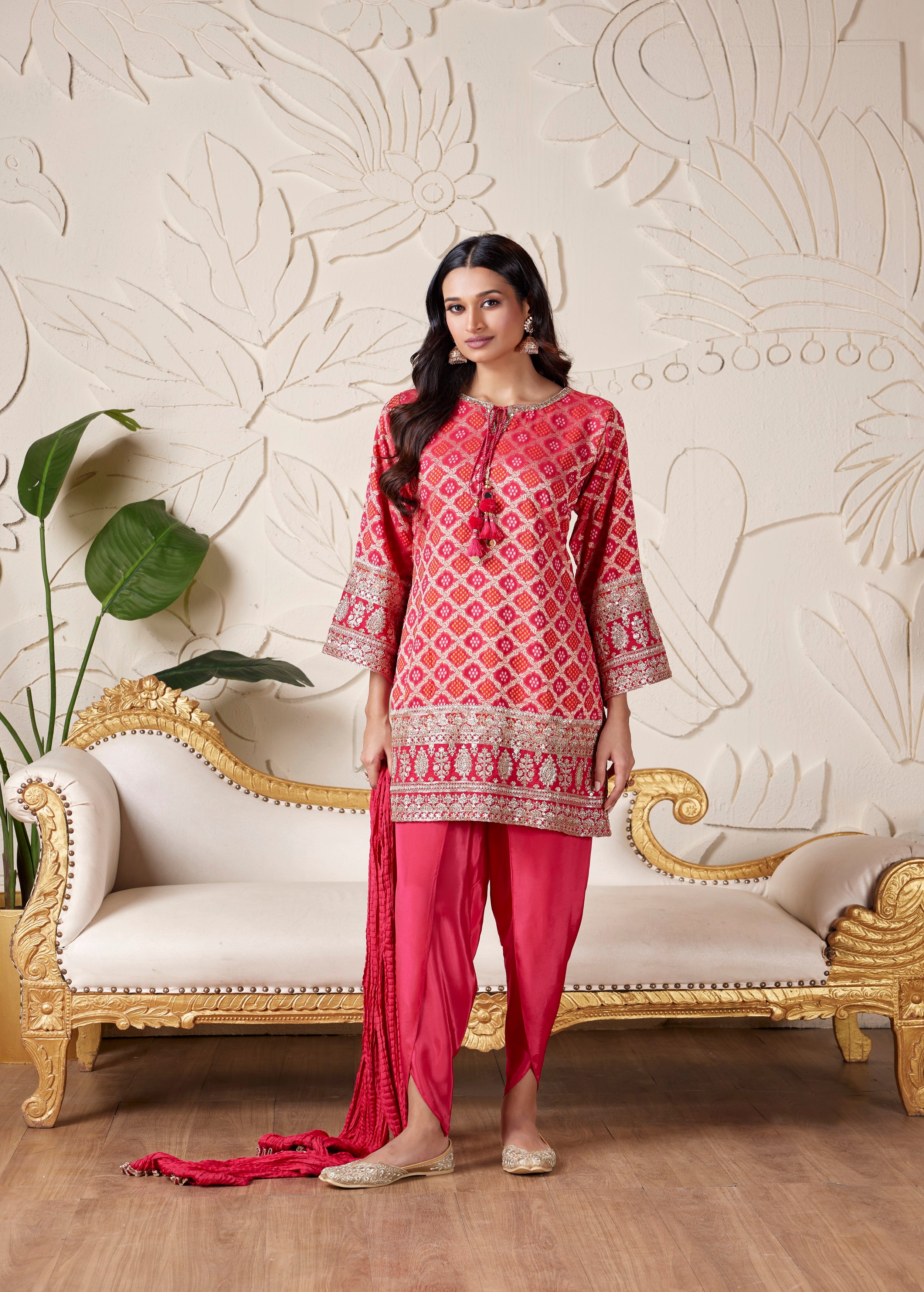 Crimson Red Embellished Brocade Banarasi Silk Dhoti Set