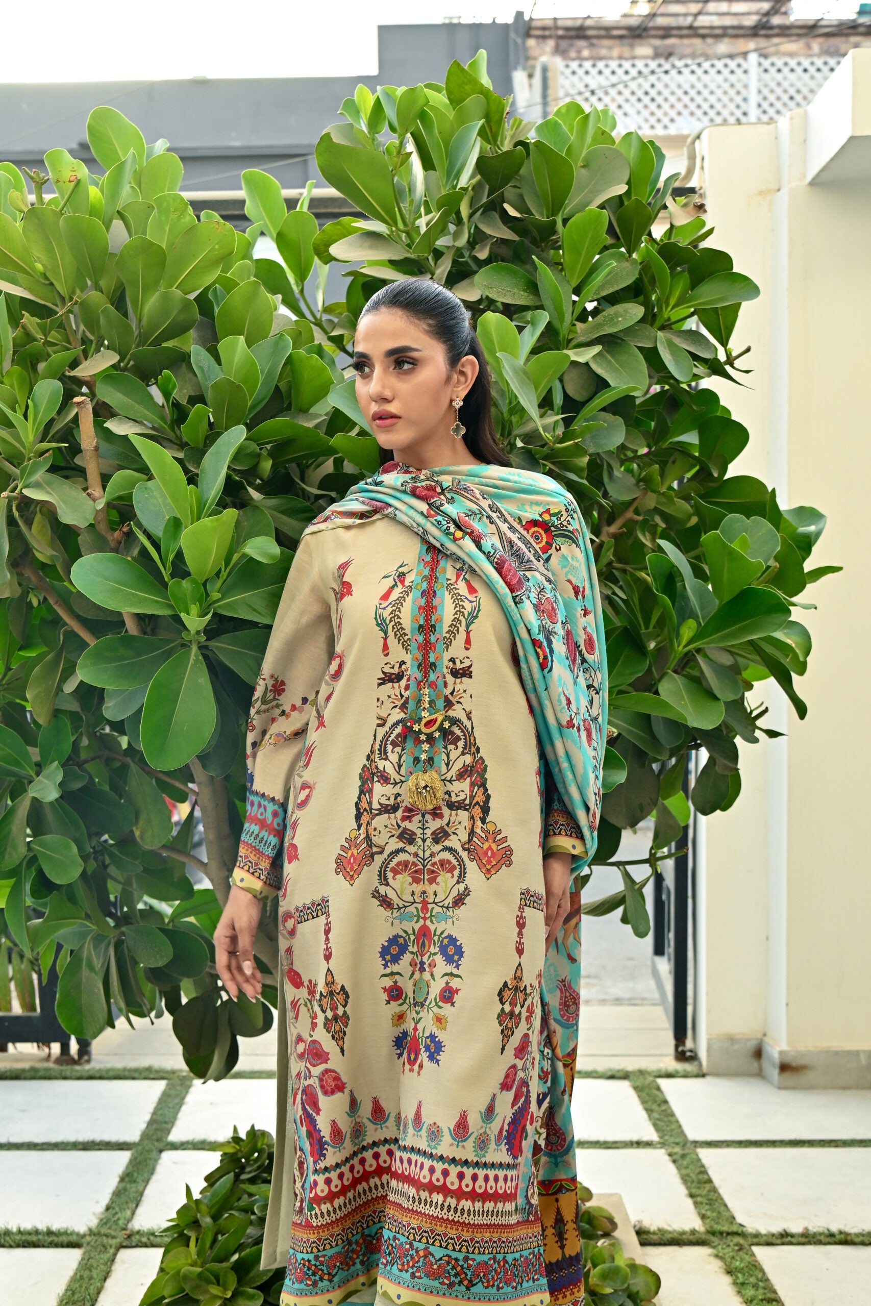 Beige Bohemian Print Swiss Cotton Kurta & Pant Set