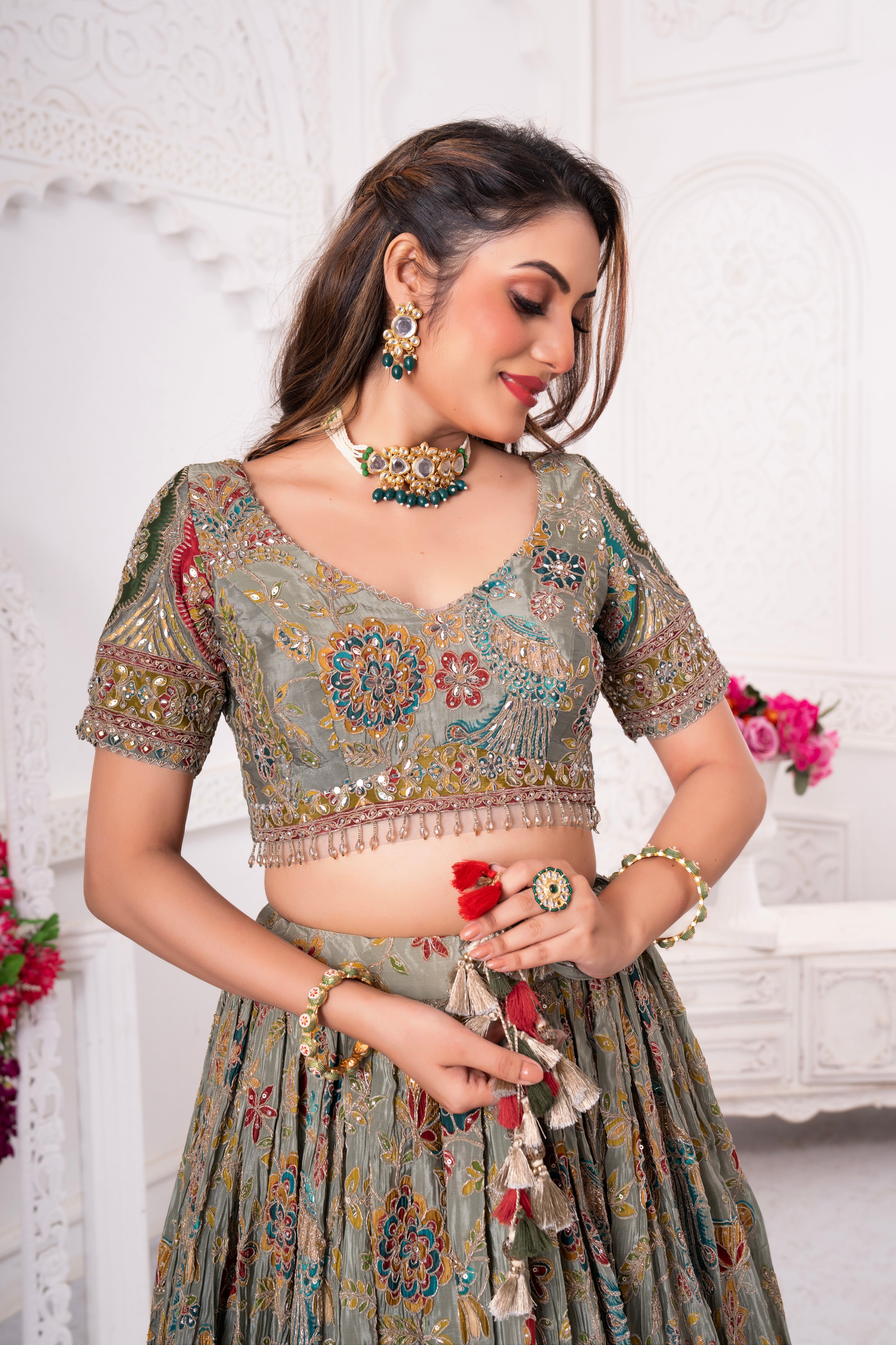 Pastel Grey Embellished Crepe Silk Lehenga Set