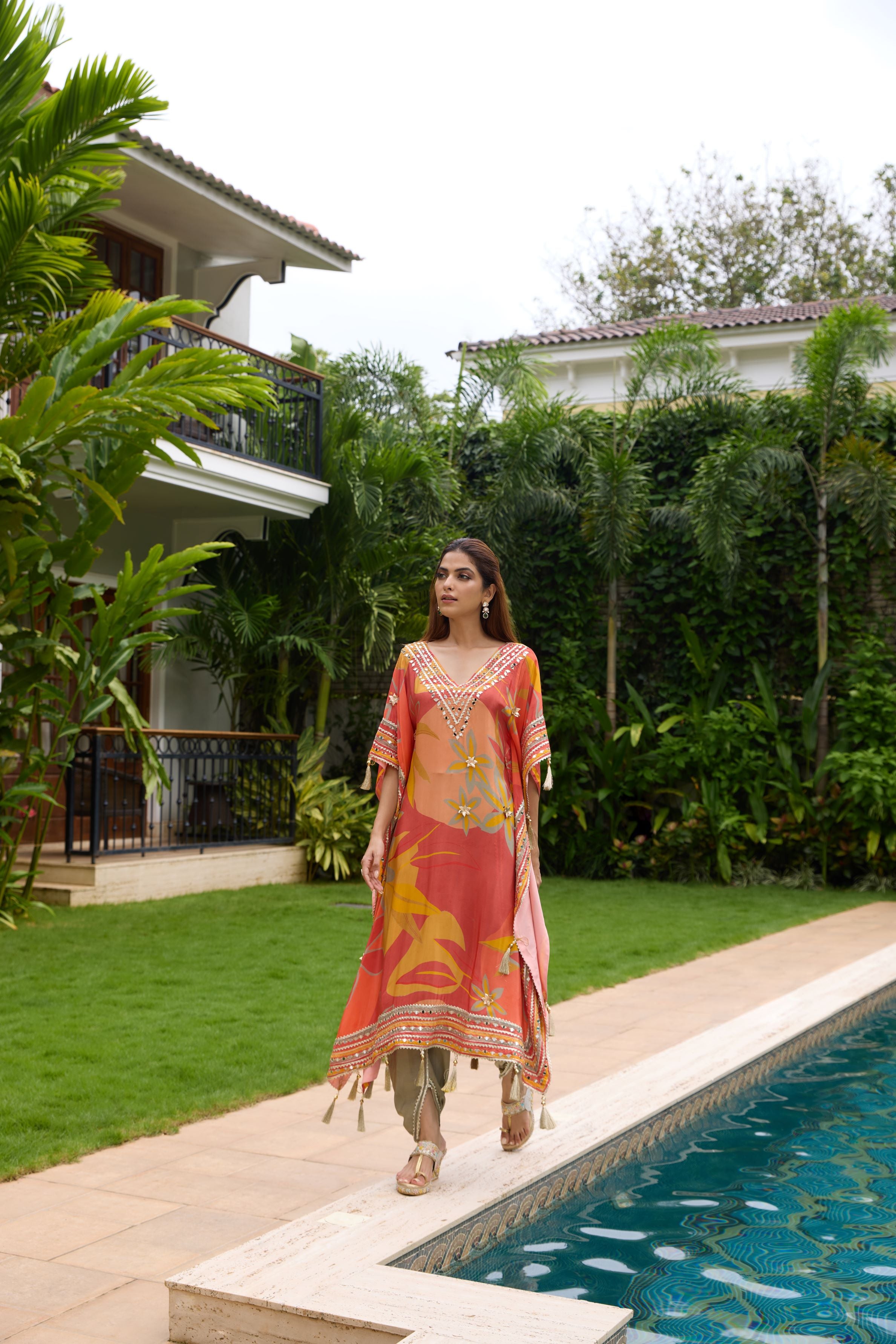 Coral Red Digital Printed Premium Silk Kaftan Dhoti Set