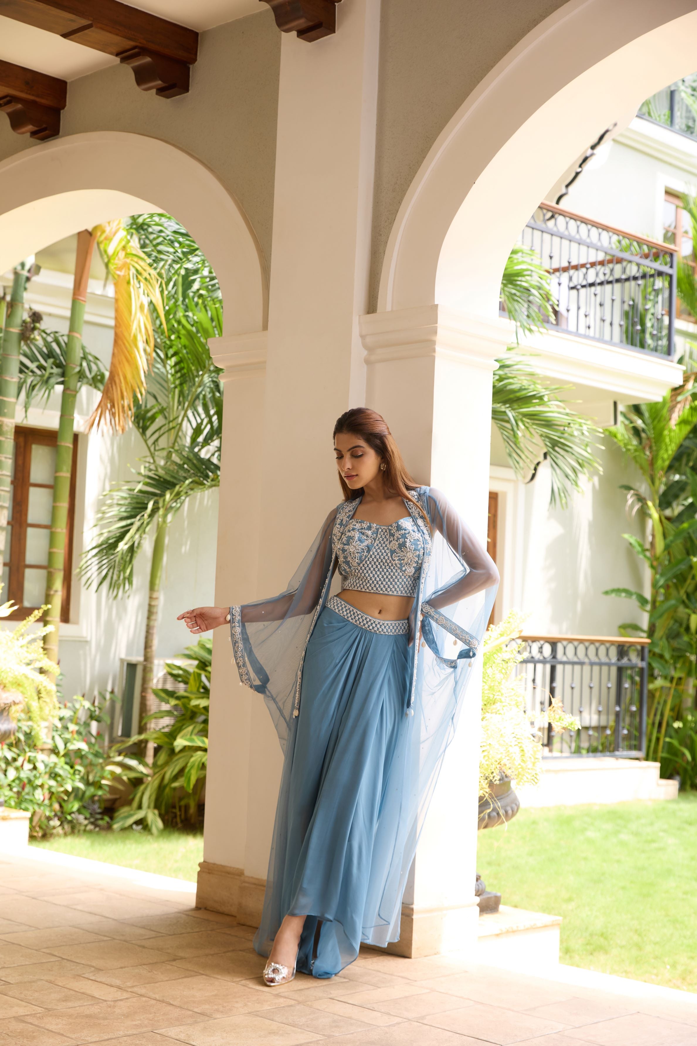 Powder Blue Embellished Georgette Silk Cape Set