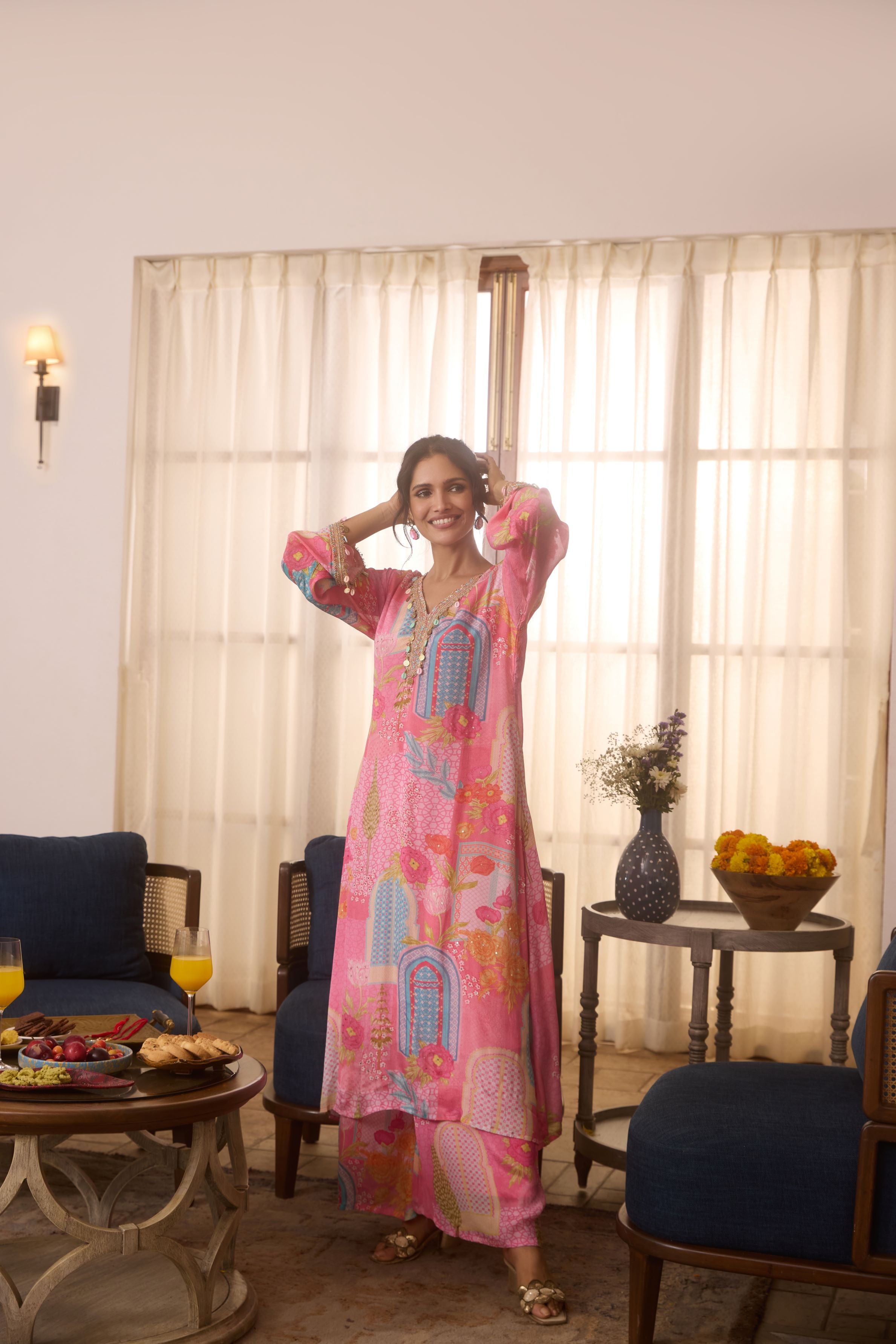 Pink Digital Printed Chinon Silk Kurta Set