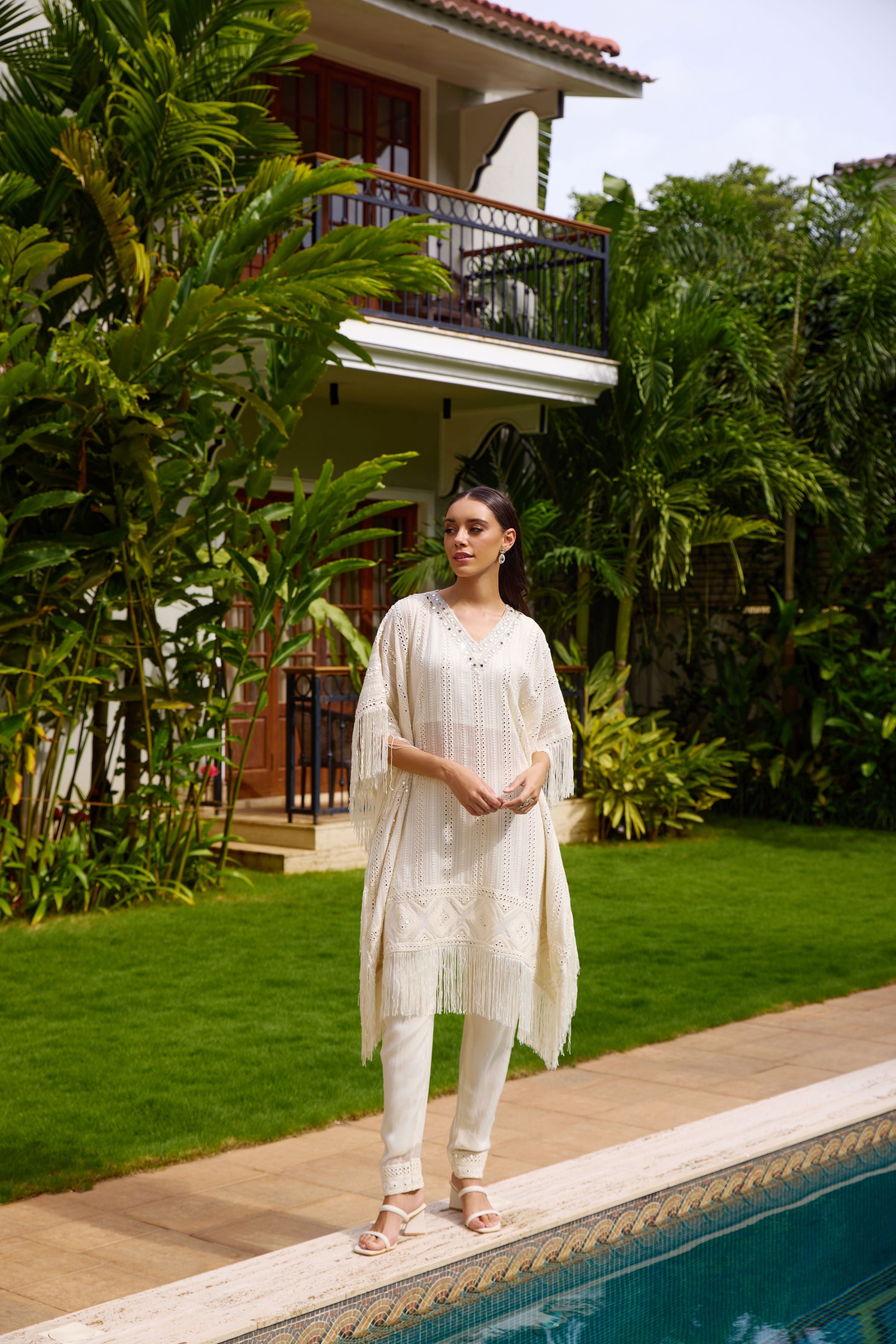 Off White Embroidered Georgette Silk Kaftan Set