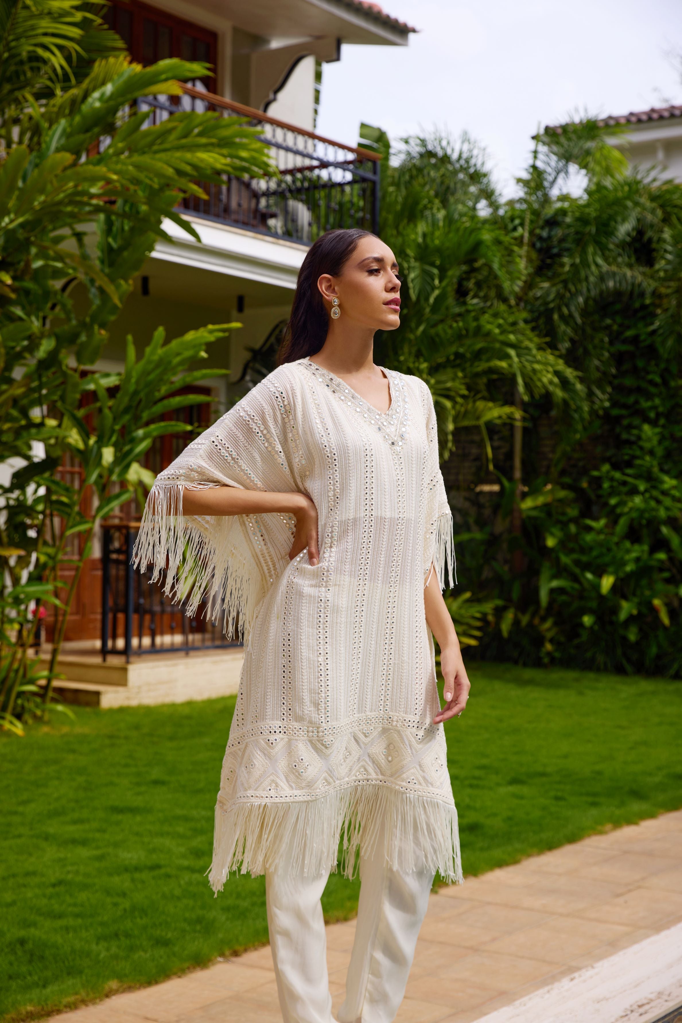 Off White Embroidered Georgette Silk Kaftan Set