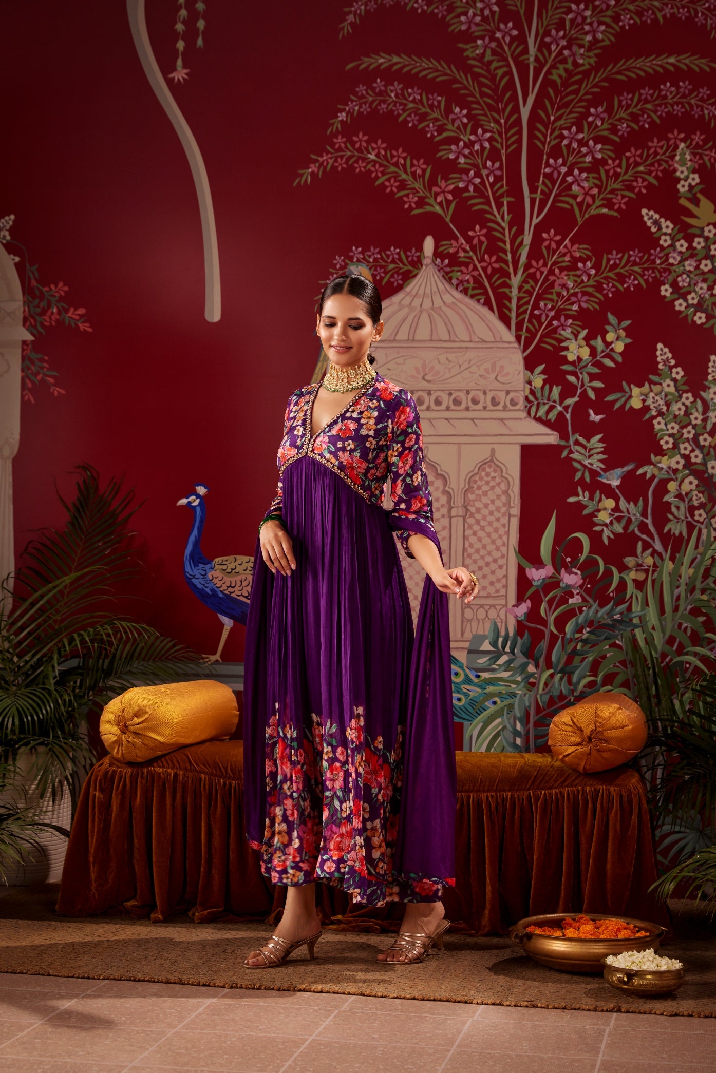 Purple Floral Premium Silk Anarkali with Dupatta