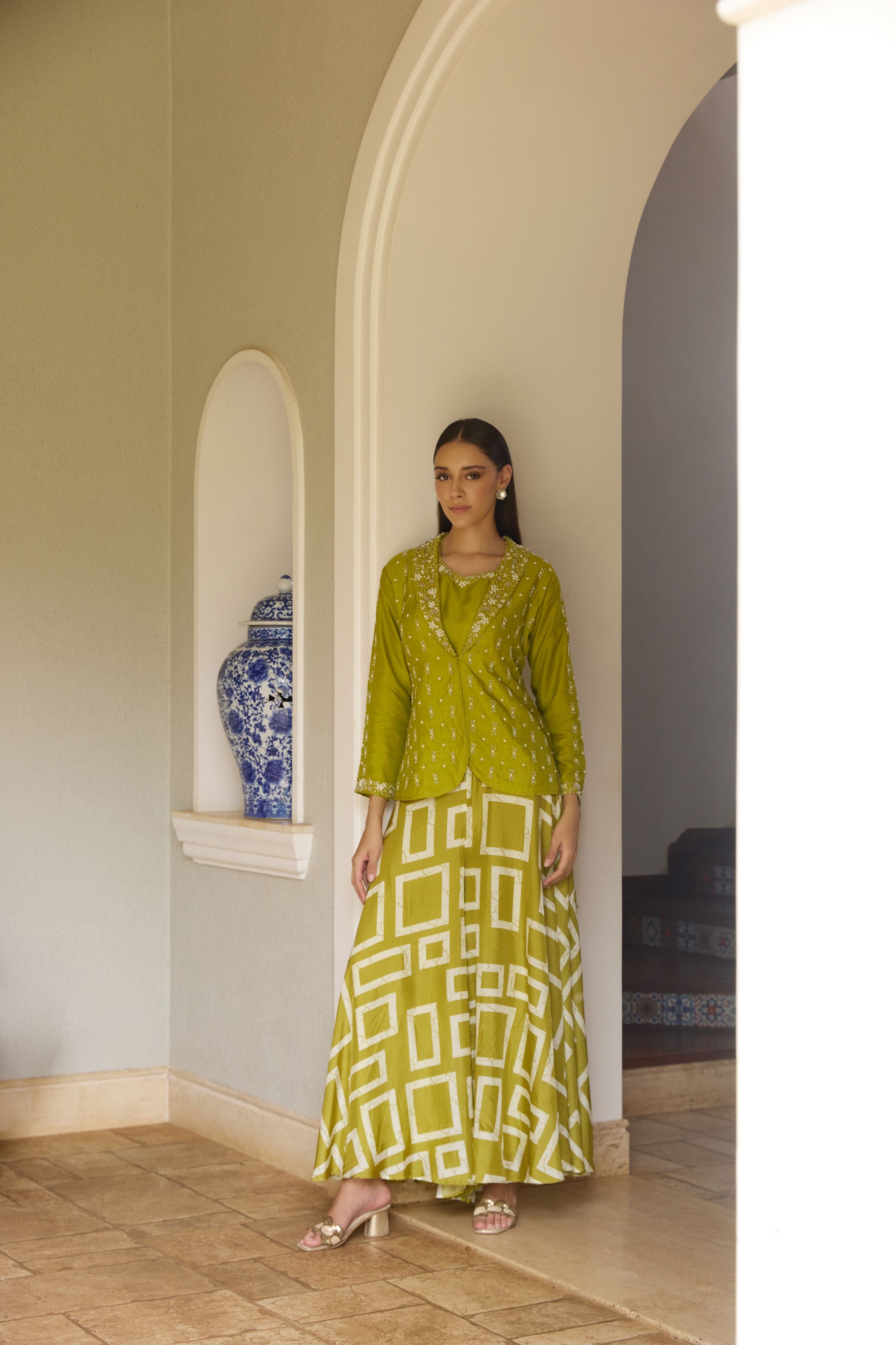 Pear Green Embroidered Spanish Silk Jacket & Palazzo Set