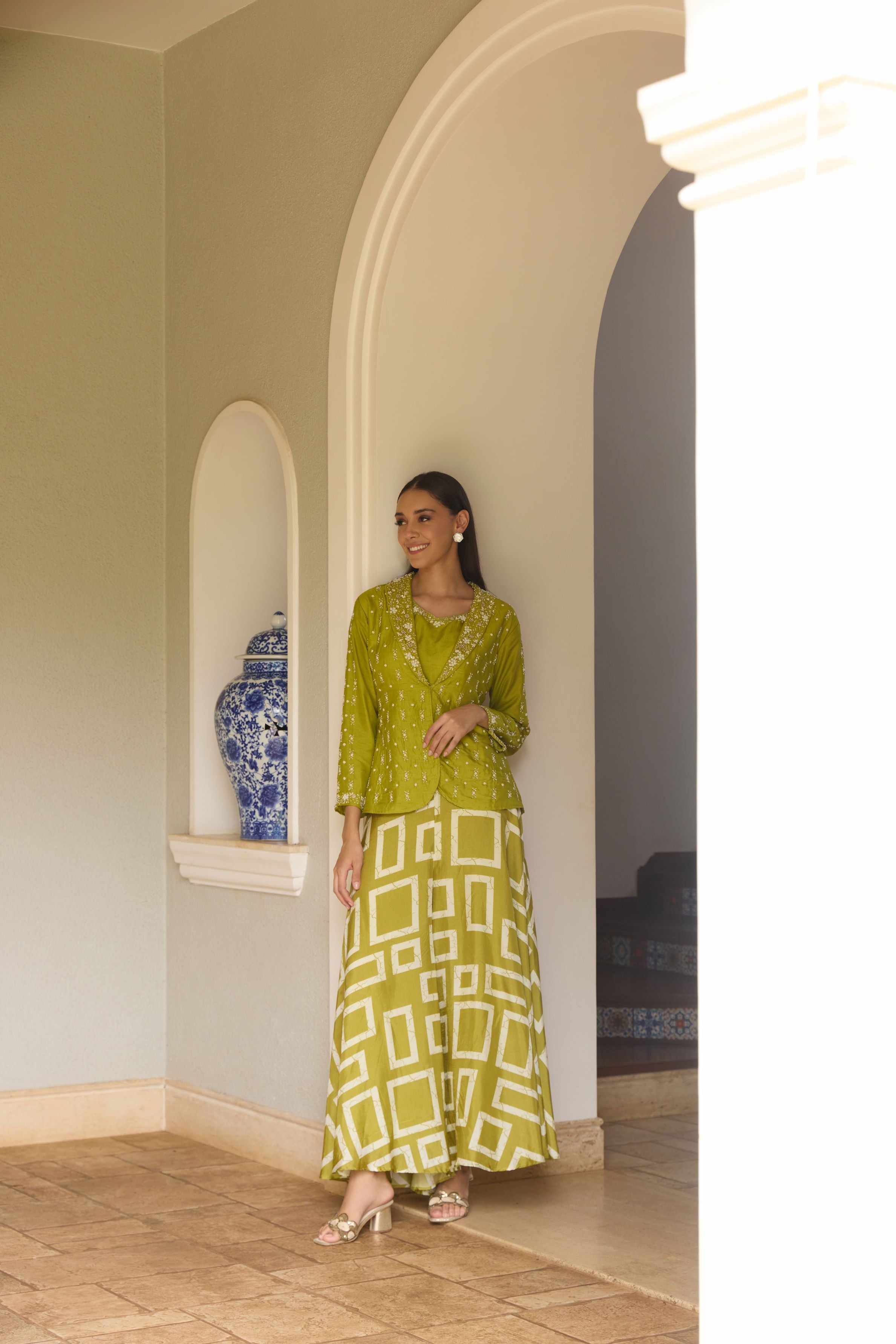 Pear Green Embroidered Spanish Silk Jacket & Palazzo Set