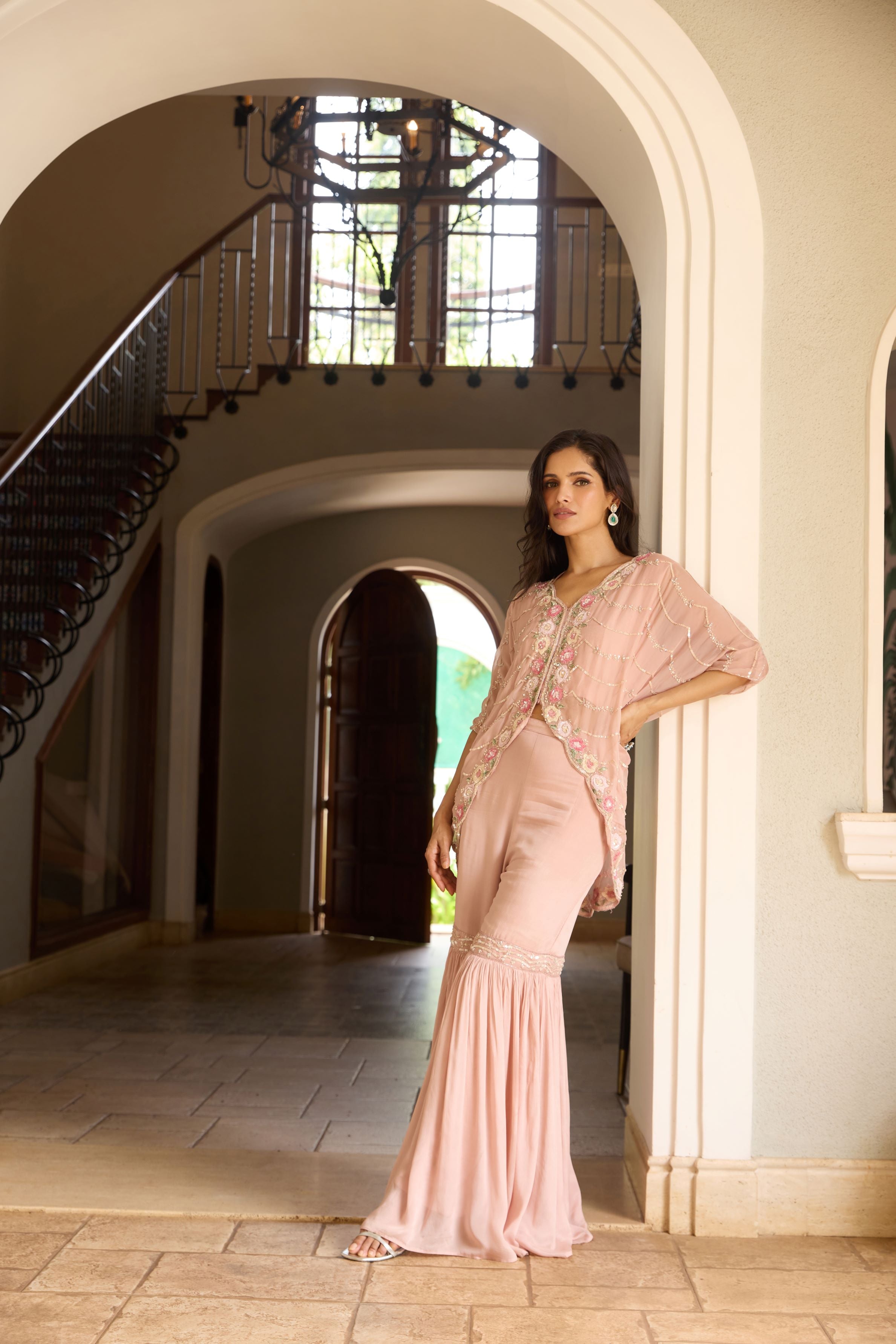 Light Peach Embellished Premium Chinon Silk Tunic & Sharara Set