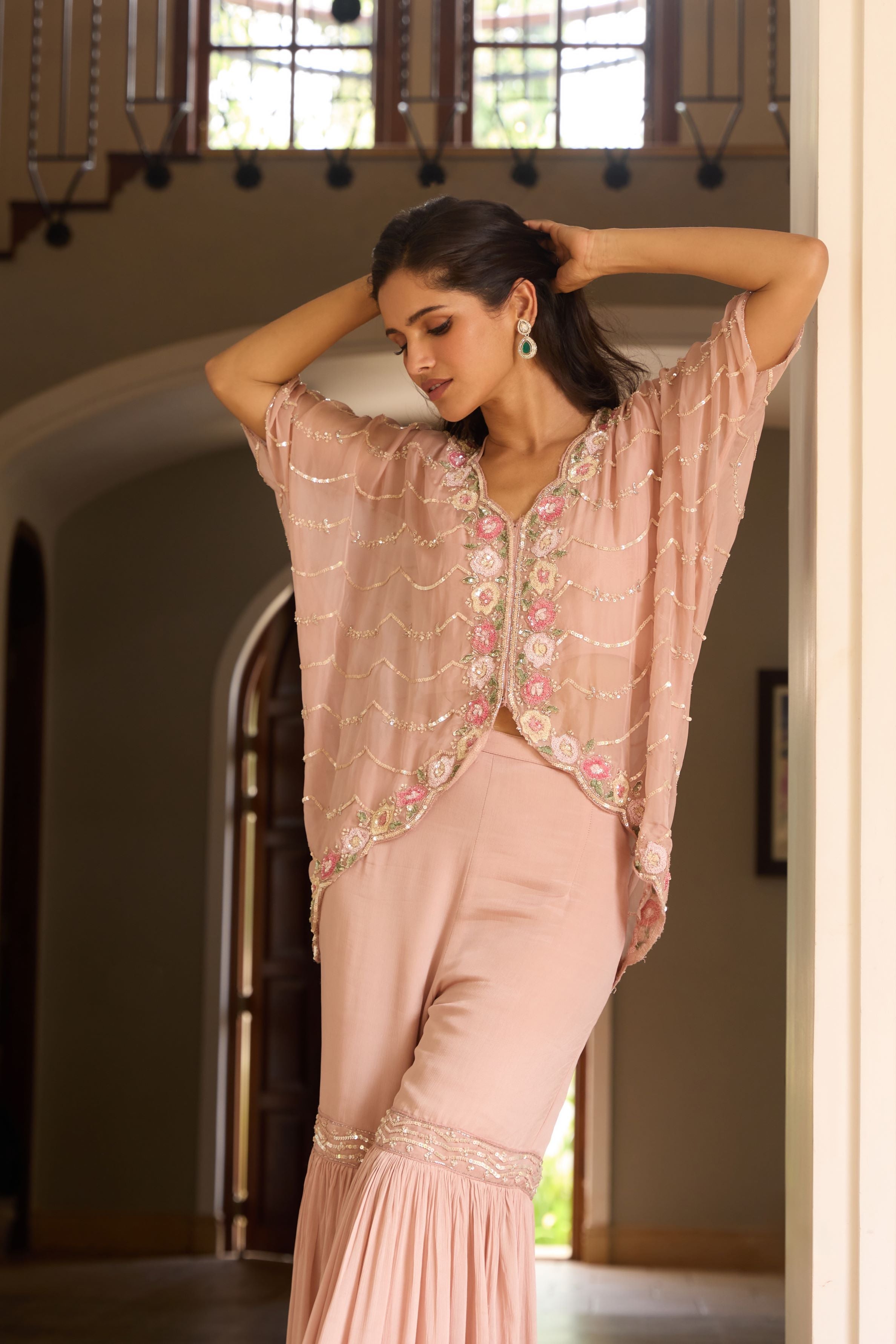 Light Peach Embellished Premium Chinon Silk Tunic & Sharara Set