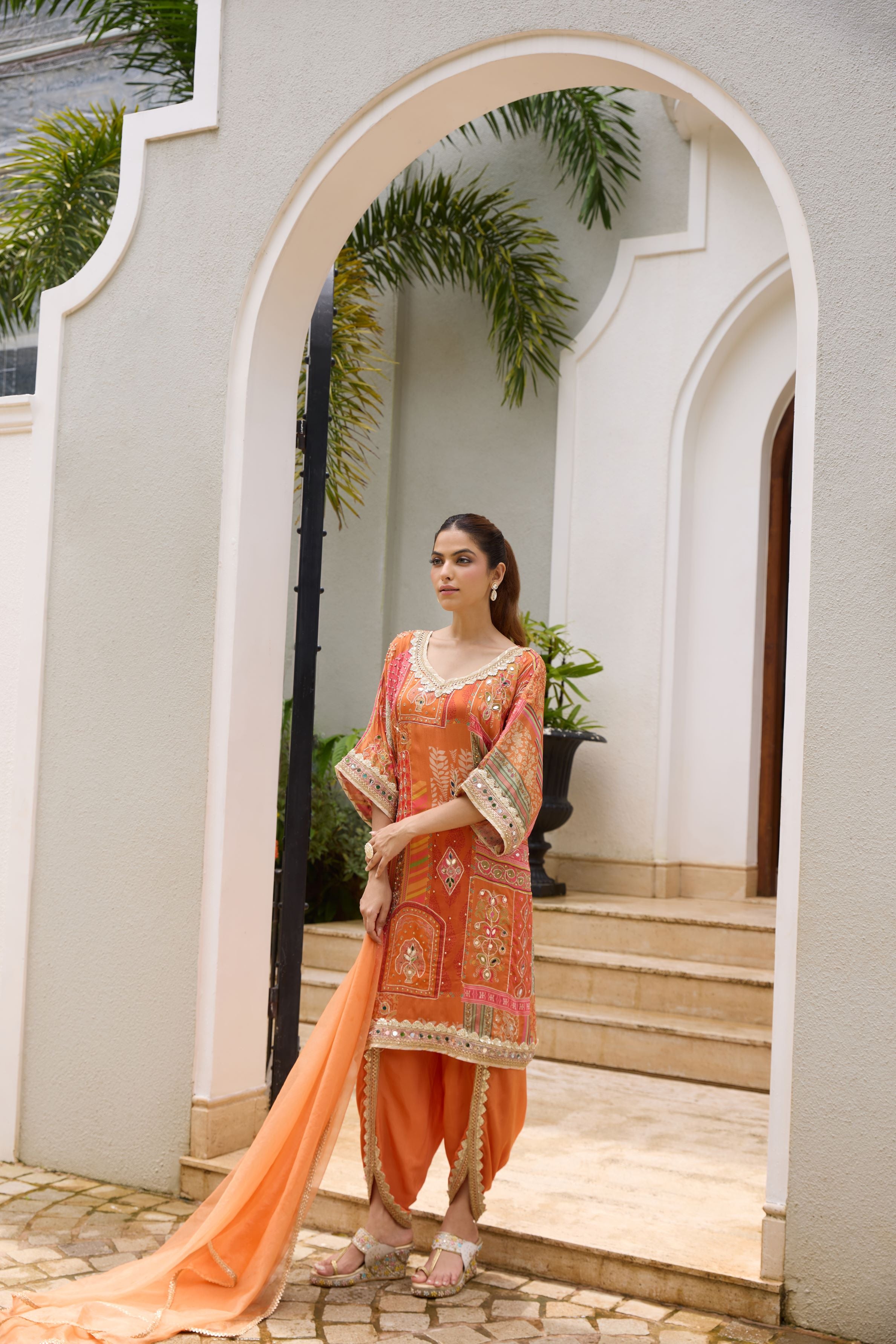 Orange Traditional Printed Italian Silk Dhoti Set