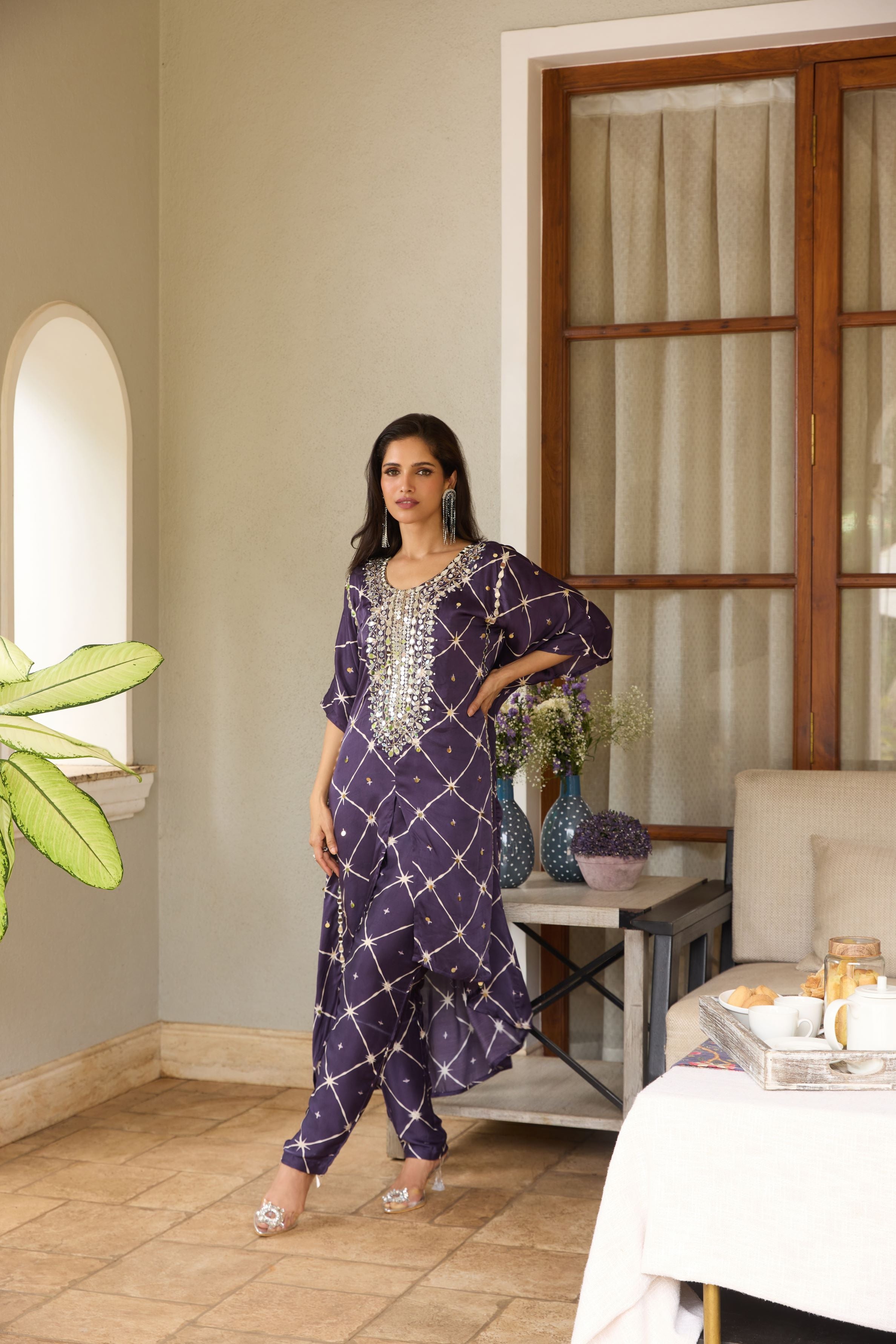 Purple Patterned Crepe Silk Kaftan Set