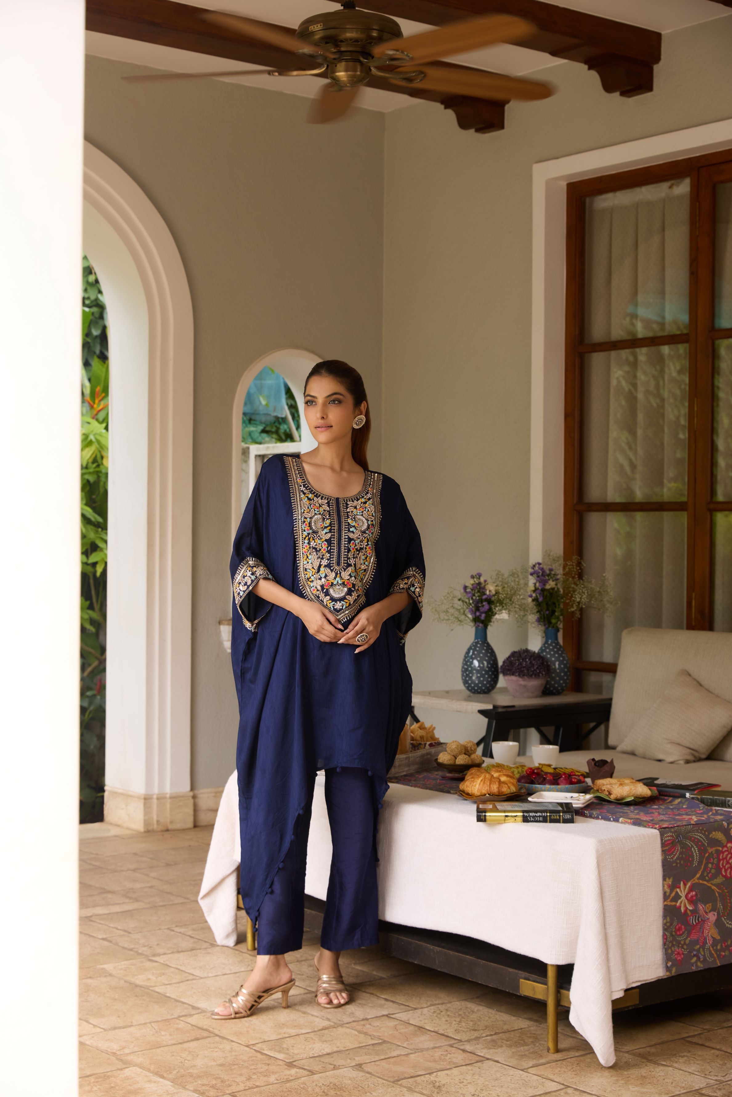 Deep Blue Embellished Raw Silk Kaftan Set