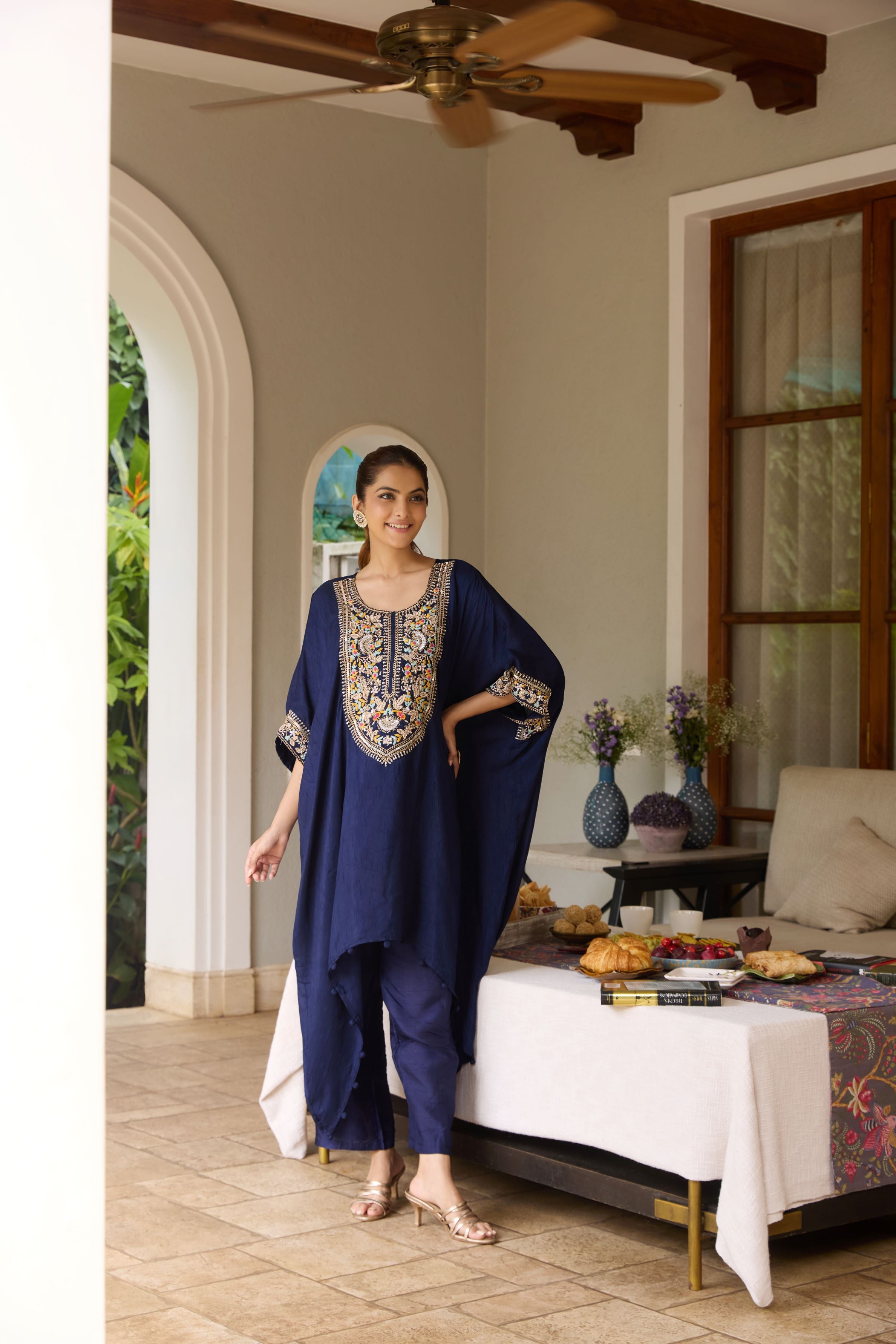 Deep Blue Embellished Raw Silk Kaftan Set