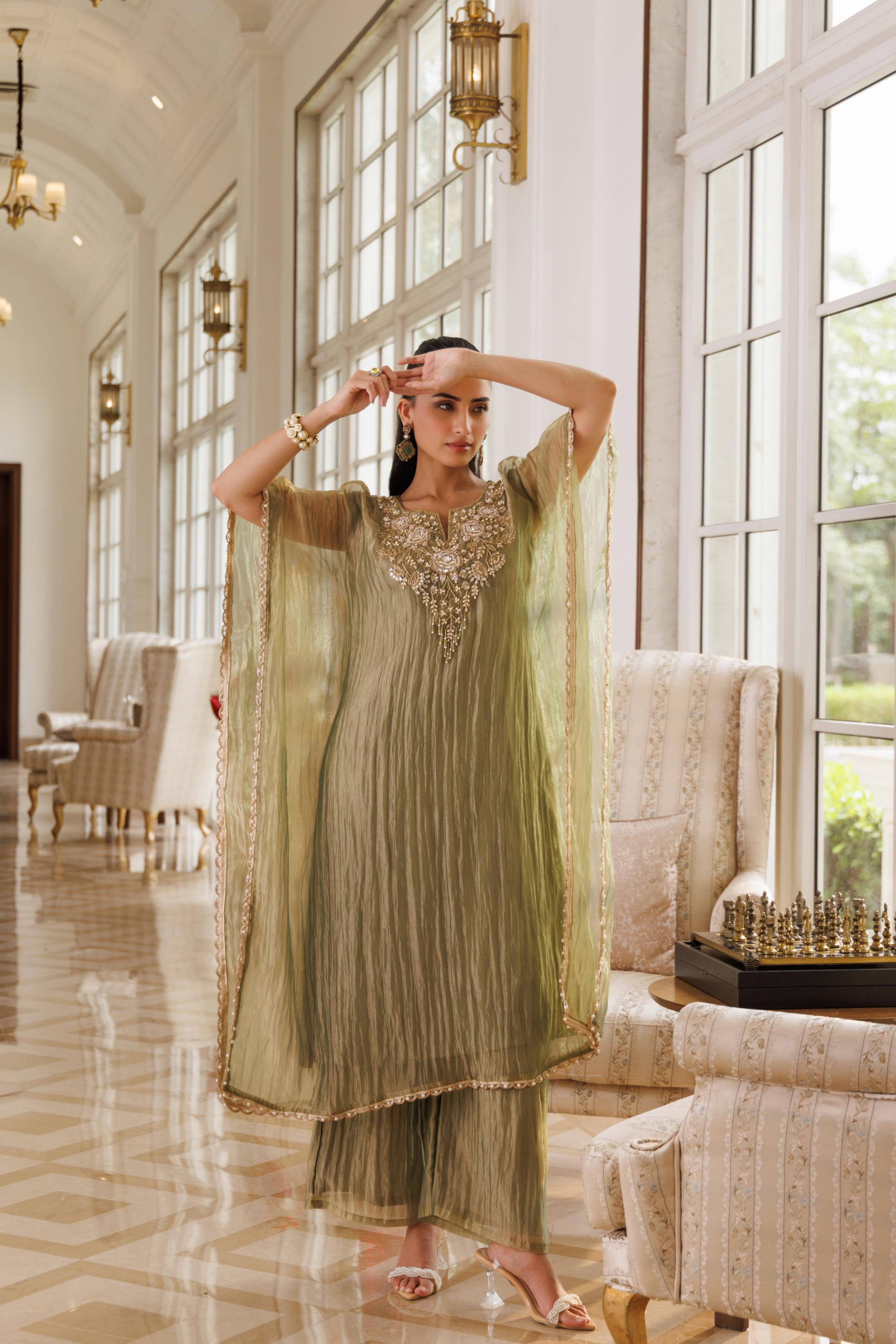 Sage Olive Embellished Crushed Tissue Silk Kaftan Set