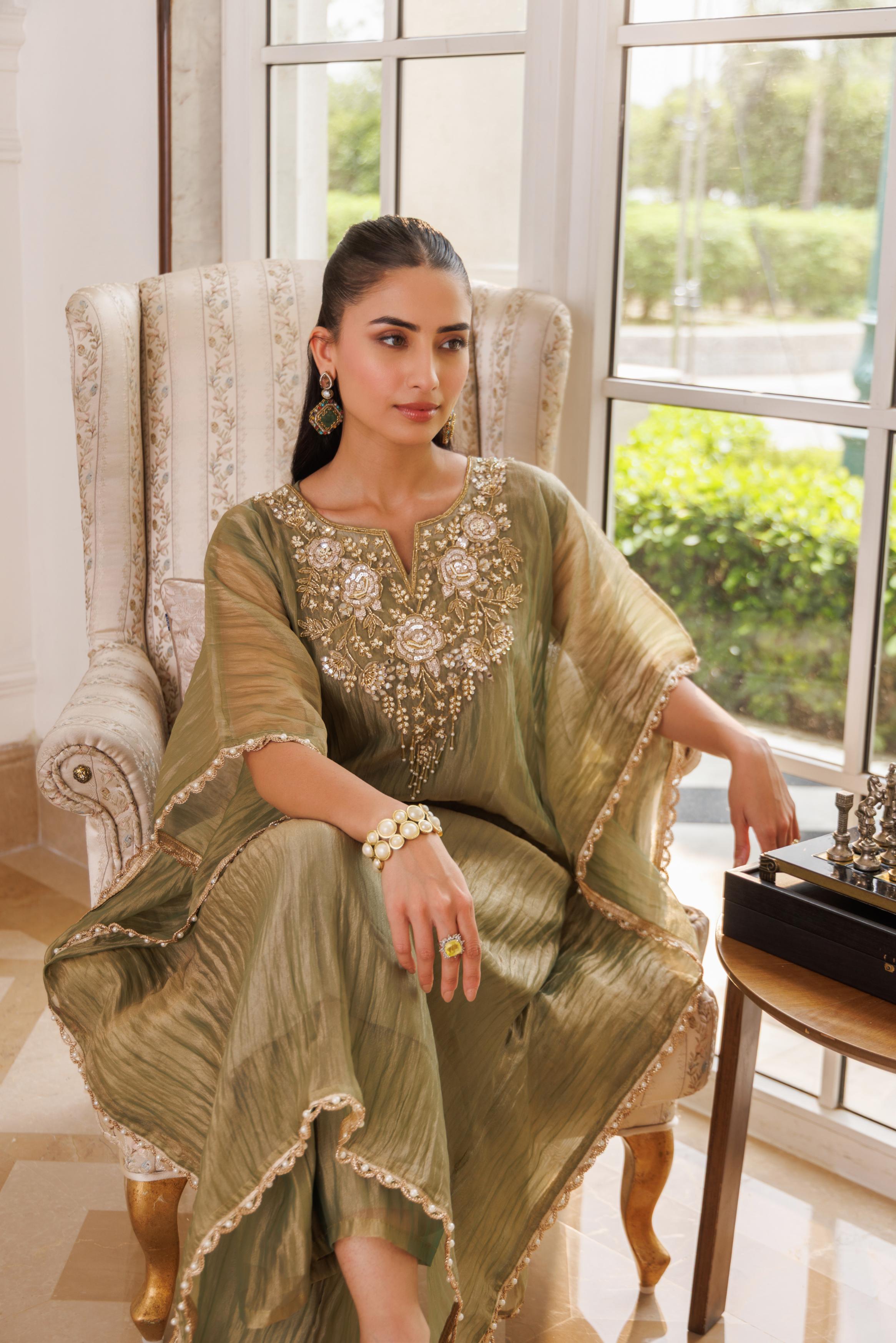 Sage Olive Embellished Crushed Tissue Silk Kaftan Set
