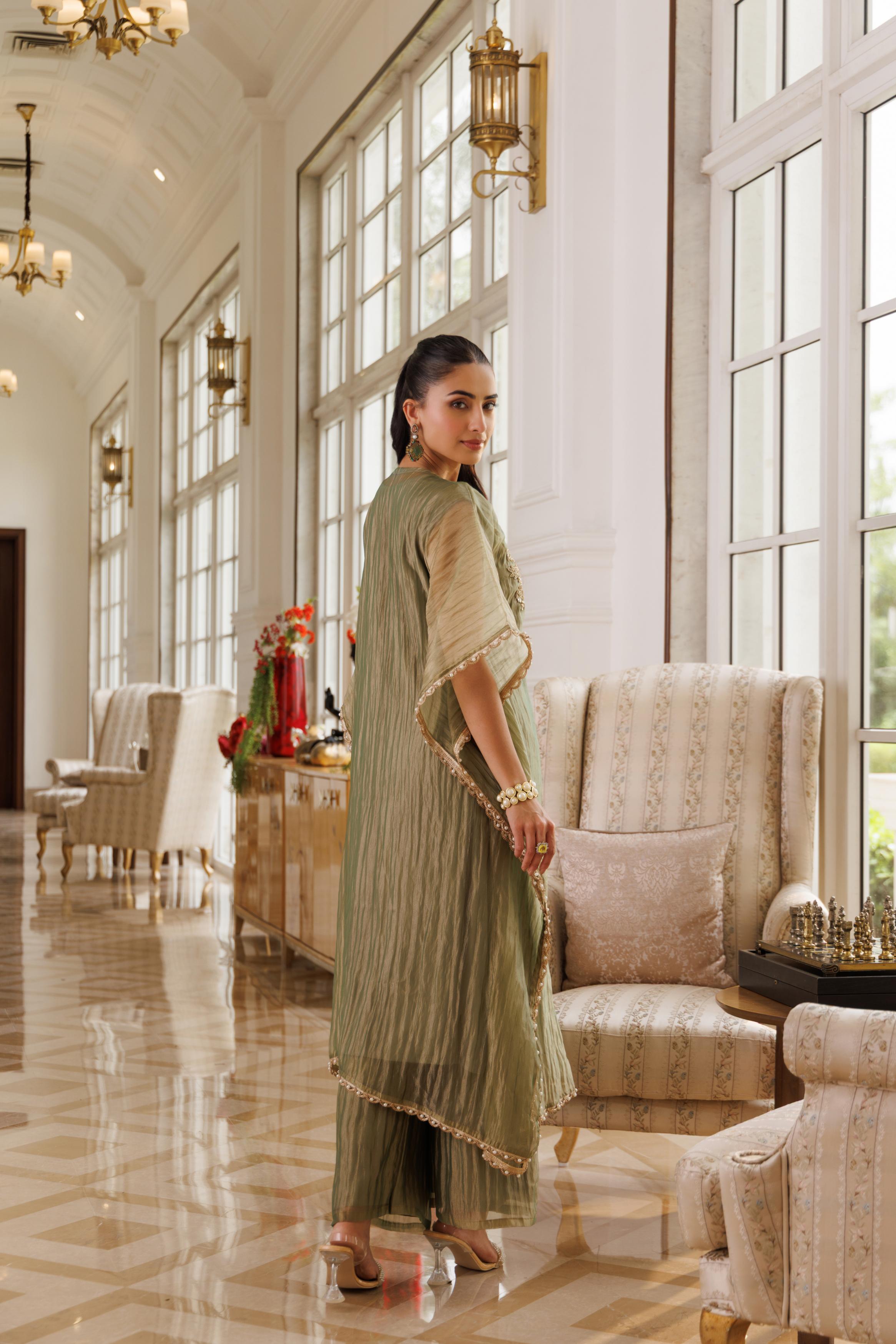 Sage Olive Embellished Crushed Tissue Silk Kaftan Set